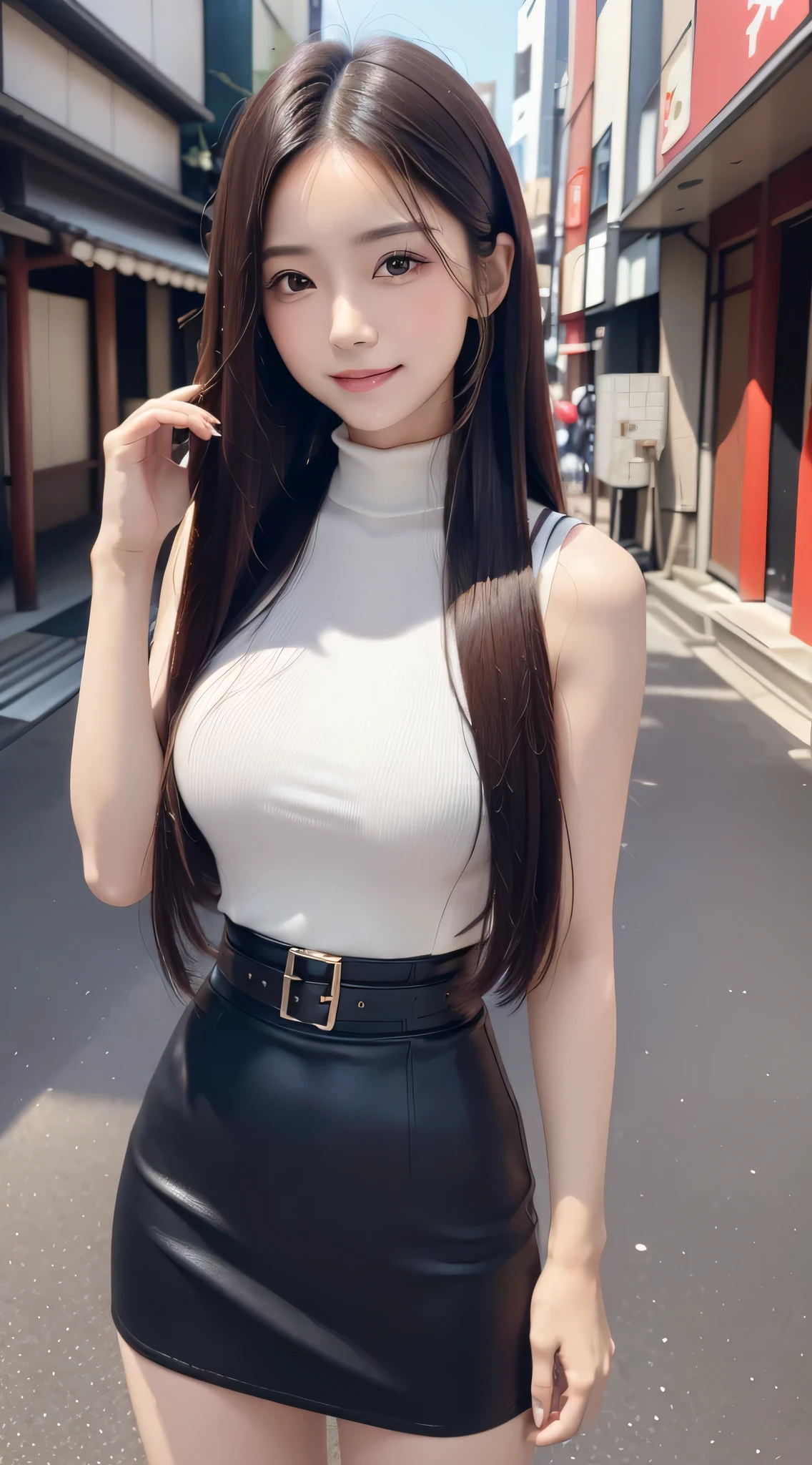 (Best Quality, 32K, nffsw:1.2),(Refreshing smile:1.5),(Look at viewers:1.1）,（hide one's hands:2.0）,(Beautiful Japan Woman）,（straight haired, Long hair, finer hair:1.2), （ High neck sleeveless , tight skirts:1.5), （high-heels;1.3), detailed  clothes, (Perfect female body), (Narrow waist:1.3), (Bust Up Portrait:1.3),  Hair fluttering in the wind, Dynamic Pose, Cinematic Light, 135 mm, Fuji Film,