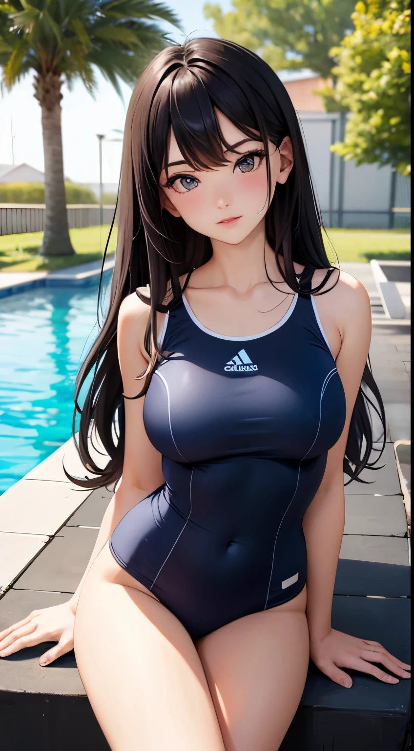 One Girl、high-leg school swimsuit、Standing、FULL BODYSHOT、the pose、in poolside