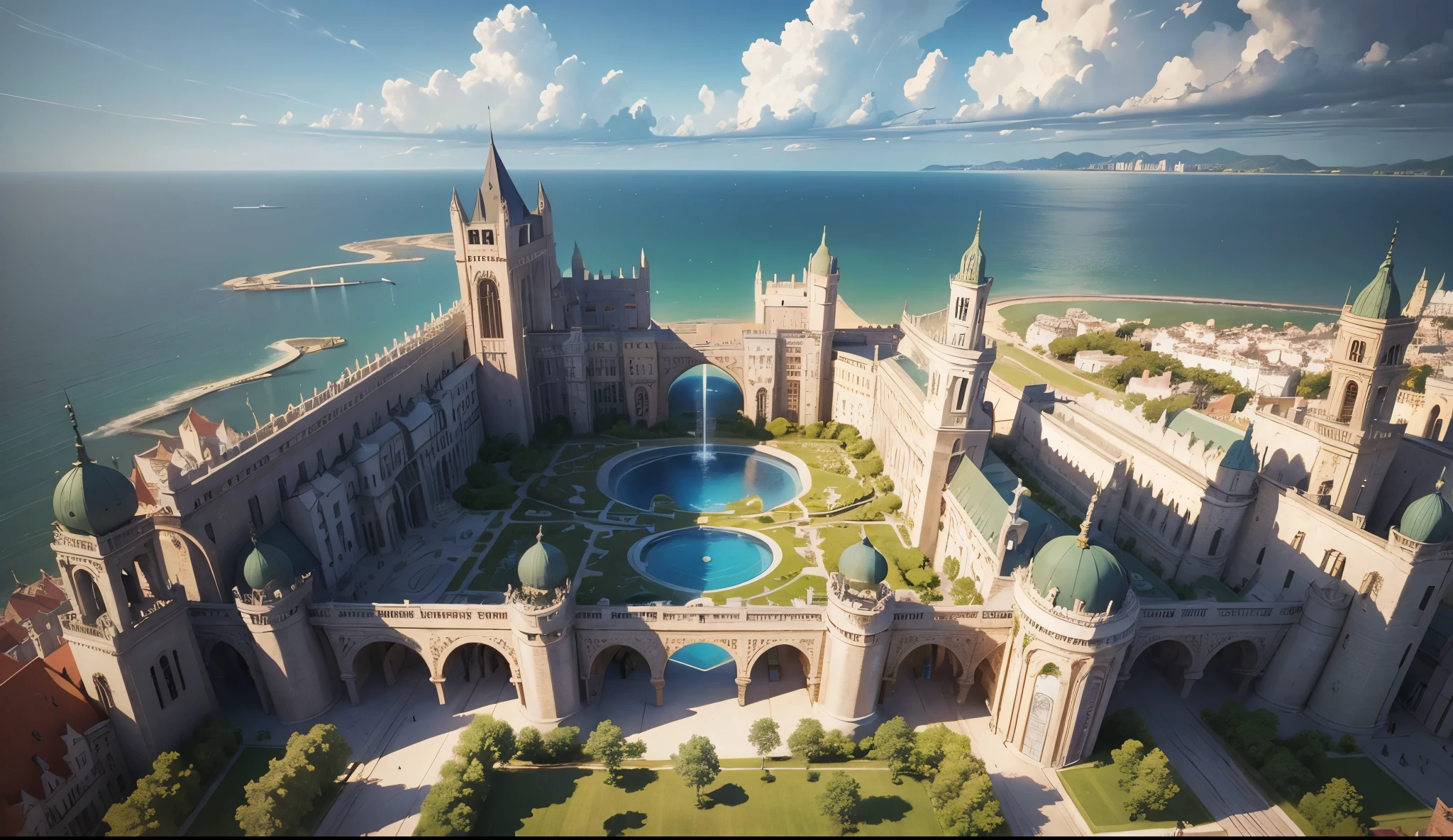 Made entirely of buildings,tmasterpiece, quality, Best quality at best, offcial art, Beautiful and beautiful:1.2, extremely detaile, (s fractal art:1.3) Western European medieval style的皇宫, Age of Discovery Medieval Palace,palace by the bay,There are palaces and gardens,Western European medieval style,,The distant ocean meets the sky,
