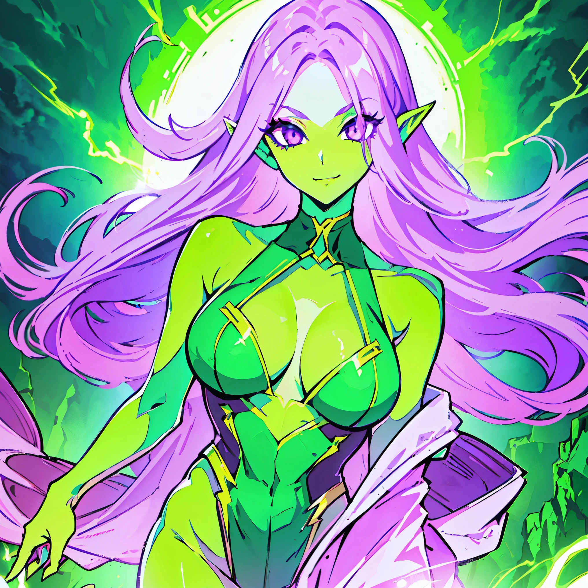 (masterpiece), best quality, expressive eyes, perfect face, 1girl, large breasts, purple hair, very long hair, wavy hair, (pale skin, glowing skin), purple_eyes, smile, pointy ears, Green makeup, cleavage, Green leotard, bare legs, upper body, (electricity, lightning), bare shoulders, green lipstick,
, ((solid eyes, colored sclera, purple sclera)), (colored skin, Green skin)