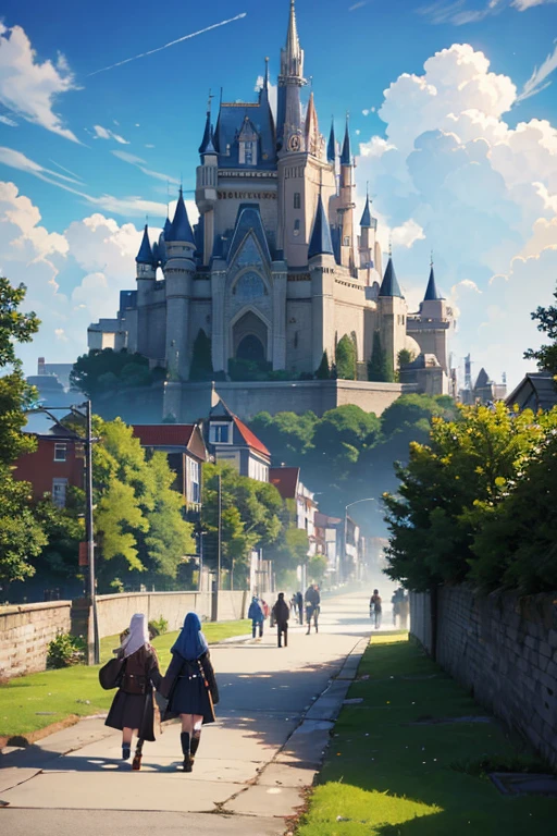 Animation scene of a group of people walking in the yard, anime scene, town in background, ruins in the background, Today’s recommended anime is still, Downtown background, boromir in an anime world, some houses in the background, Small town background, around the city, anime screenshot, in the anime film, ( castle in background ), Greengar