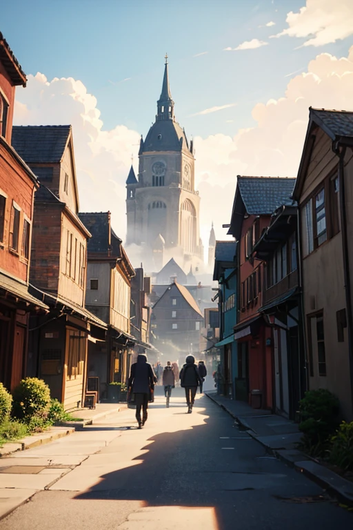 Animation scene of a group of people walking in the yard, anime scene, town in background, ruins in the background, Today’s recommended anime is still, Downtown background, boromir in an anime world, some houses in the background, Small town background, around the city, anime screenshot, in the anime film, ( castle in background ), Greengar