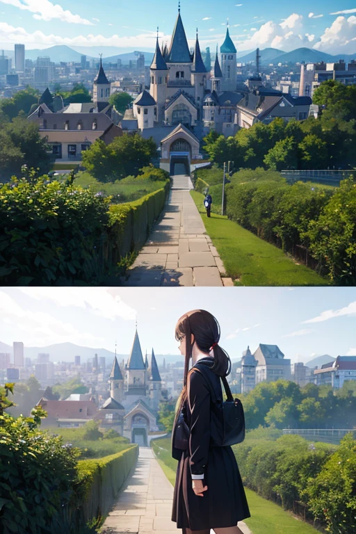 people walking in a garden,anime style,small town in the background,ruins in the background,an anime recommended today,city center background,Boromir in the anime world,some houses in the background,small town background,city outskirts,screenshot from an anime,(castle in the background),Greengal