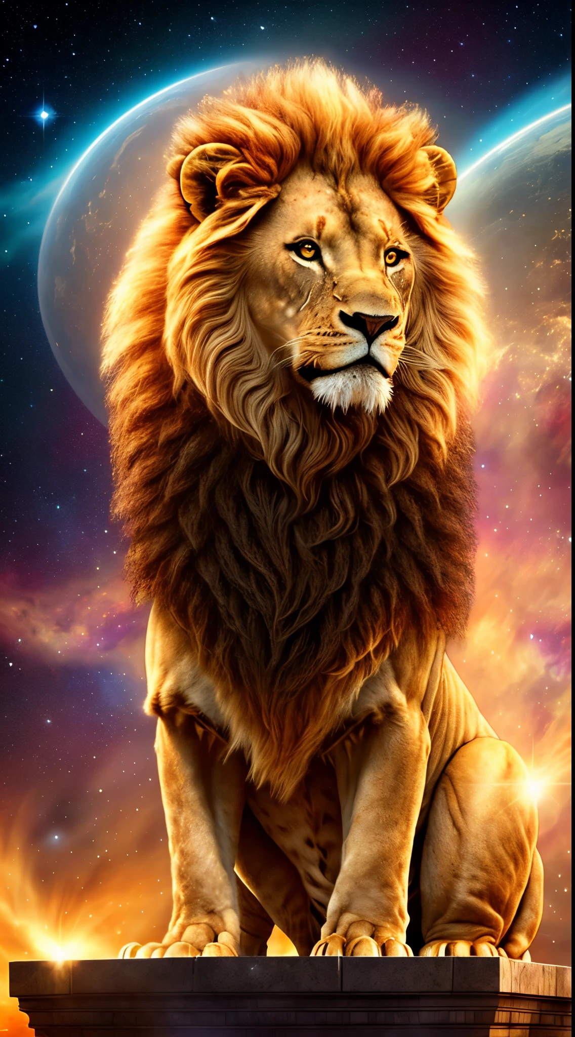 Photograph taken from afar of a humanoid lion in full king's outfit sitting on the throne, with background nebula ((best anatomy)) hyperrealism, realism, proportional, total quality, stylized