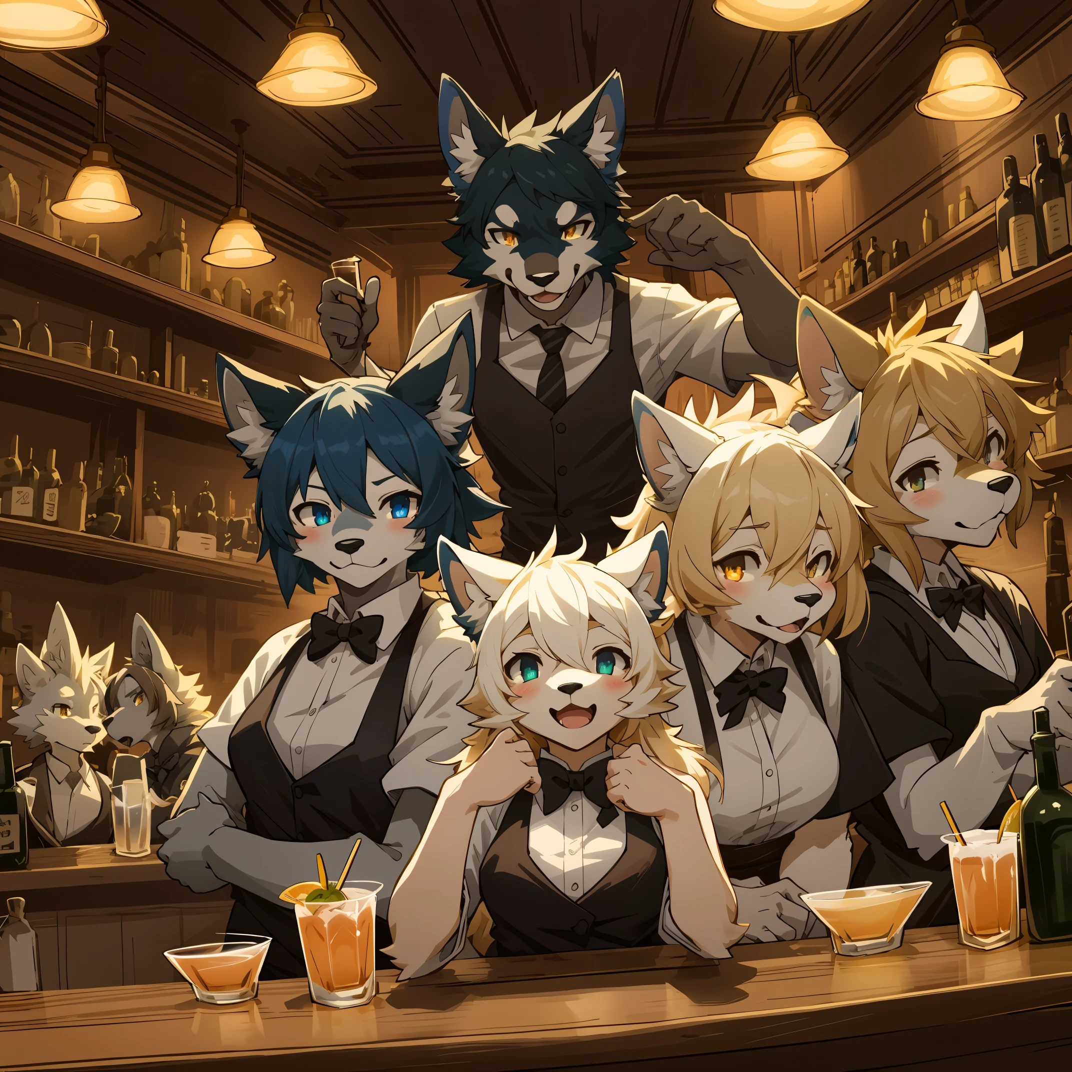 top quality, best quality, High-quality illustrations, masterpiece, super high resolution, detailed background, bartender, bar, cocktail, 6+boys, 6+girls, absurdres(highly detailed beautiful face and eyes)perfect anatomy, expression, good lighting, cinematic shadow(kemono, furry anthro)assorted poses, dynamic angle,