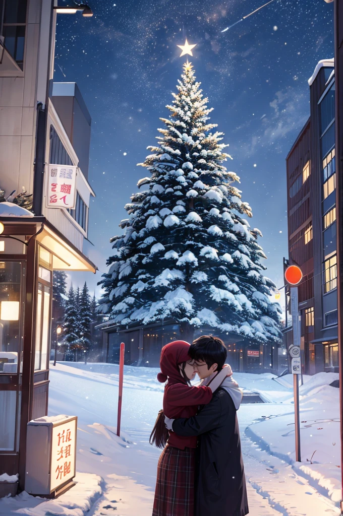 christmas,Huge Christmas tree,wanting,nevando,santa,Bright lights,Oyuki,Blizzarding,pedestrians,magical scene,themoon,明亮的themoon,nighttime scene,nighttime scene,couple,hugs,nigh sky,Spectacular and magical sight