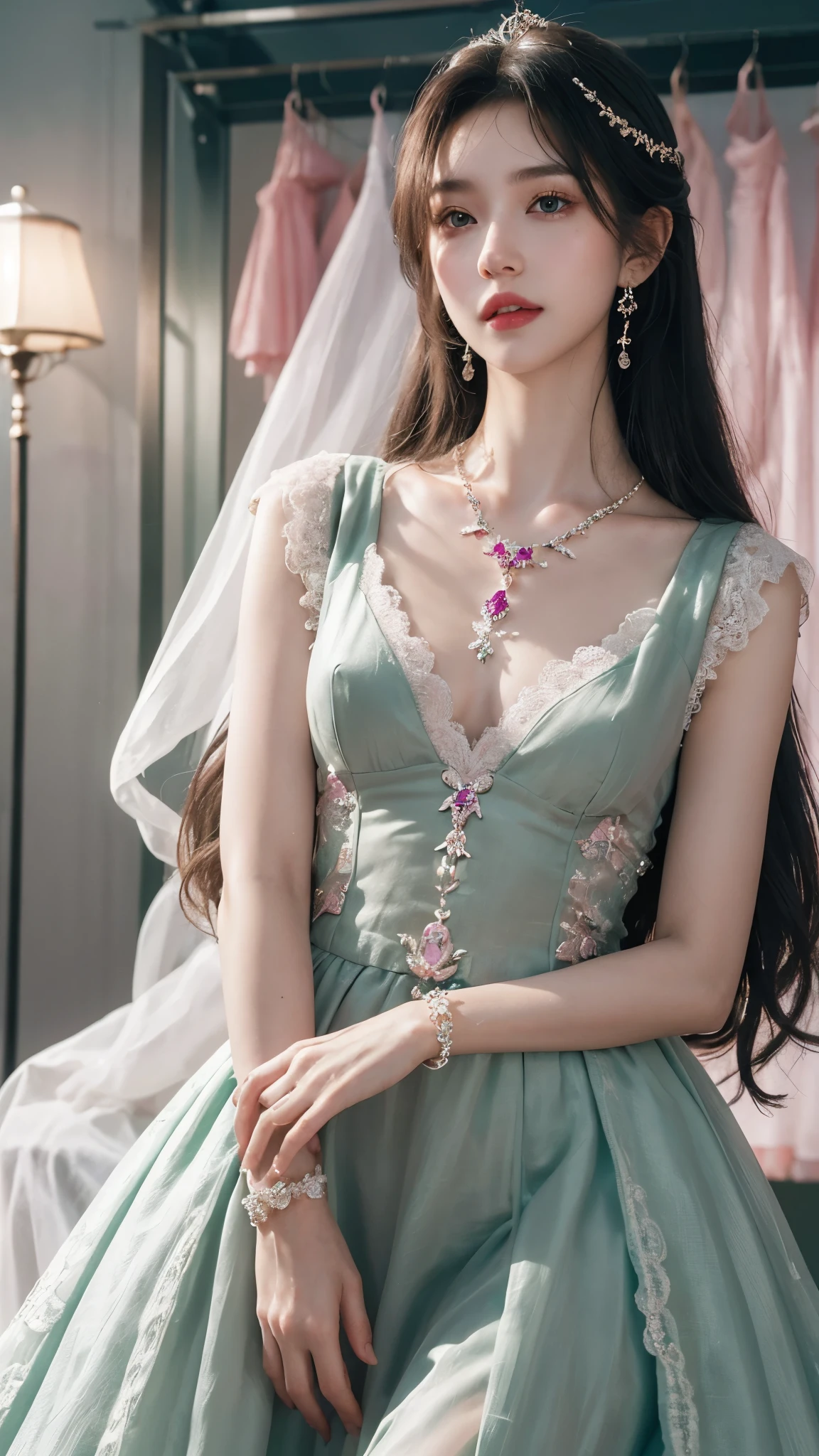 8k, masterpiece, 1 girl, beautiful face, white skin, very long hair, light makeup, detailed eyes, detailed lips, small breasts tight, realistic detailed, very detailed dress, princess dress, dark green dress, (wearing jewellery:1.5), pink lace:1.4, stage background, attractive poses,