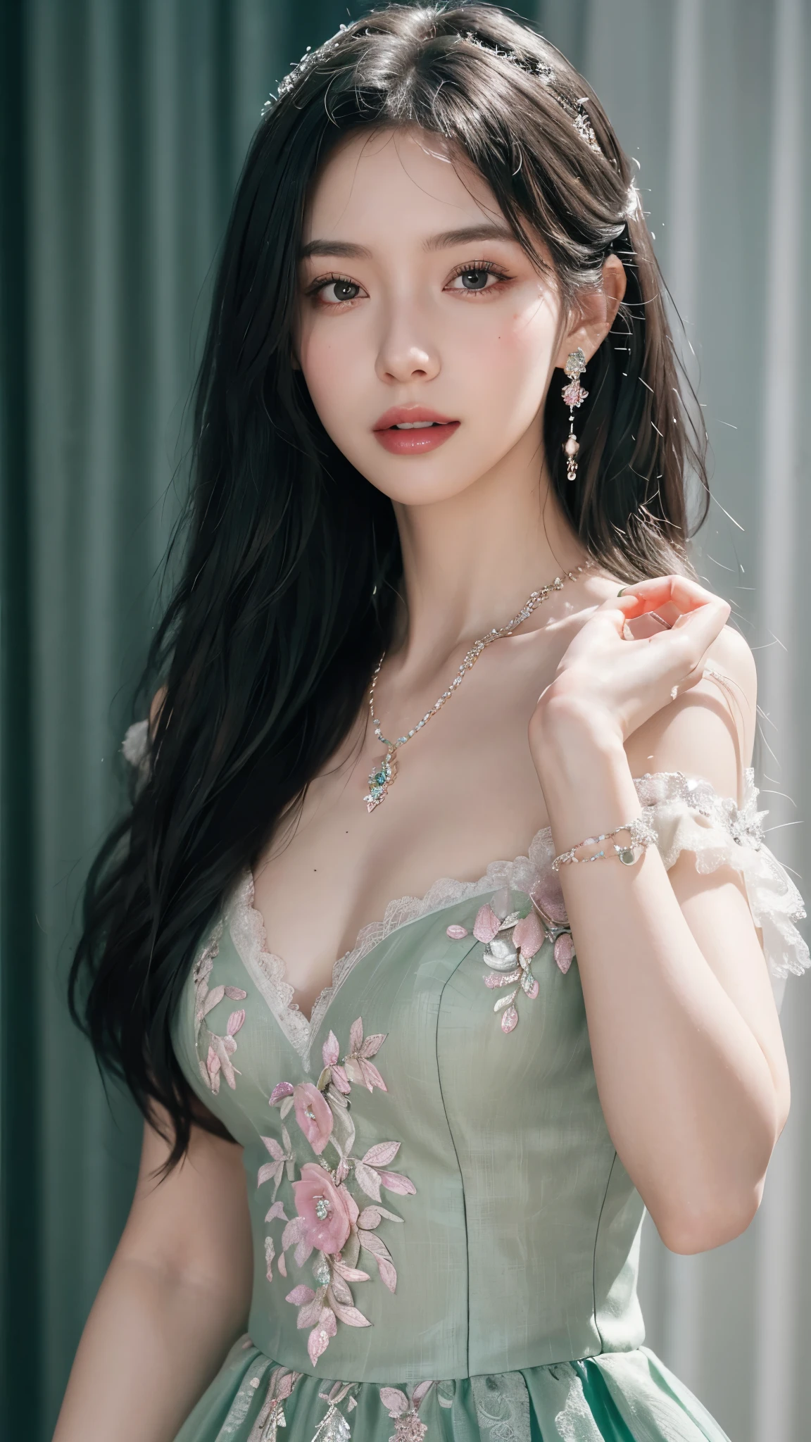 8k, masterpiece, 1 girl, beautiful face, white skin, very long hair, light makeup, detailed eyes, detailed lips, small breasts tight, realistic detailed, very detailed dress, princess dress, dark green dress, (wearing jewellery:1.5), pink lace:1.4, stage background, attractive poses,