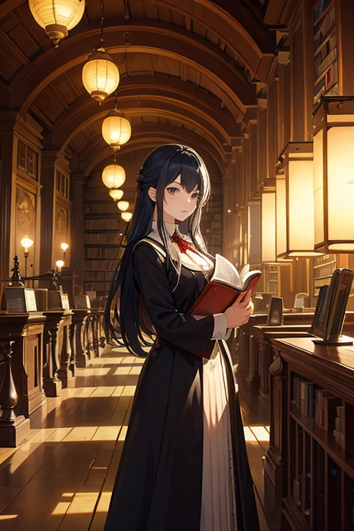 A woman holding a book and a lantern in an animated scene in a library, library background, alchemist library background, backdrop with library aisles, dusty library, standing inside a magical library, gloomy library, interior of a library, magical library, in a dimly lit library, librarian, dark library, ancient library, background art in anime style, an eternal library, castle library