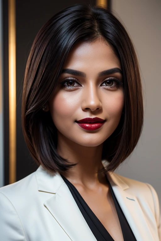 create a hyper realistic vertical photo of Indian most attractive smiling woman in her 30s, white skin, in blue rich business suit extra big chest, 36D, Lob (long bob) brown hair, trending on artstation, portrait, digital art, modern, sleek, highly detailed, formal, determined, CEO, colorized, smooth, charming, pretty, soft smile, dark red lipstick, soft lips, black eyes