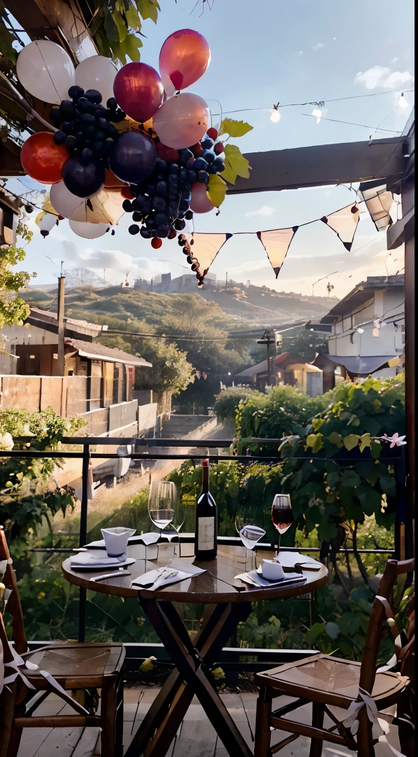 Open-air restaurant, Photography concept for black table, streamers, Old logs, Several bunches of grapes, Grape leaves, A branch of red plum blossom, centered around a glass of wine, There were a few bottles of wine next to it, Light comes in from the left, Bright surroundings, New Year atmosphere, White balloons, Blue balloon, Red balloons