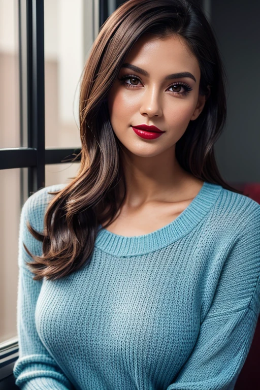 create a hyper realistic vertical photo of most attractive happy woman in her 30s, white skin, in blue rich sweater dress extra big chest, 36D, Lob (long bob) brown hair, trending on artstation, portrait, digital art, modern, sleek, highly detailed, formal, determined, CEO, colorized, smooth, charming, pretty, soft smile, dark red lipstick, soft lips, black eyes