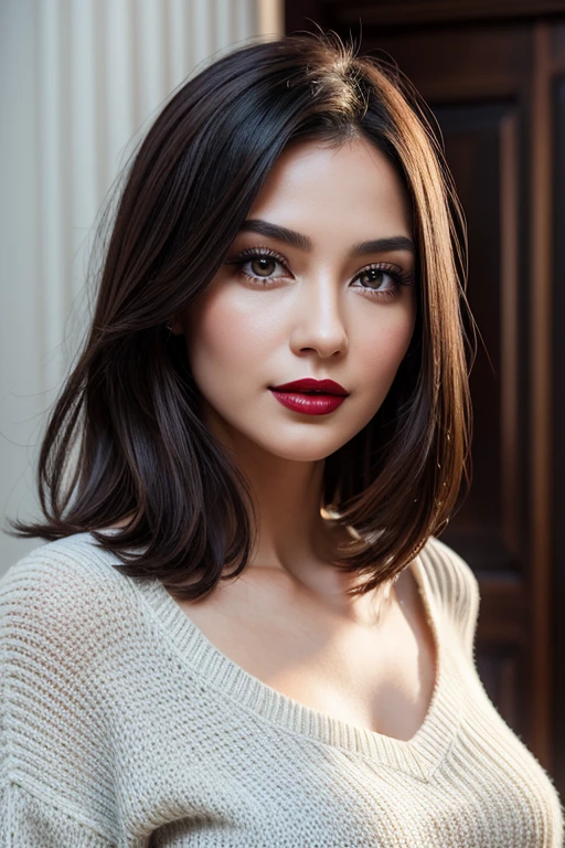 create a hyper realistic vertical photo of most attractive happy woman in her 30s, white skin, in blue rich sweater dress extra big chest, 36D, Lob (long bob) brown hair, trending on artstation, portrait, digital art, modern, sleek, highly detailed, formal, determined, CEO, colorized, smooth, charming, pretty, soft smile, dark red lipstick, soft lips, black eyes