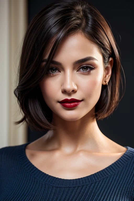 create a hyper realistic vertical photo of most attractive happy woman in her 30s, white skin, in blue rich sweater dress extra big chest, 36D, Lob (long bob) brown hair, trending on artstation, portrait, digital art, modern, sleek, highly detailed, formal, determined, CEO, colorized, smooth, charming, pretty, soft smile, dark red lipstick, soft lips, black eyes