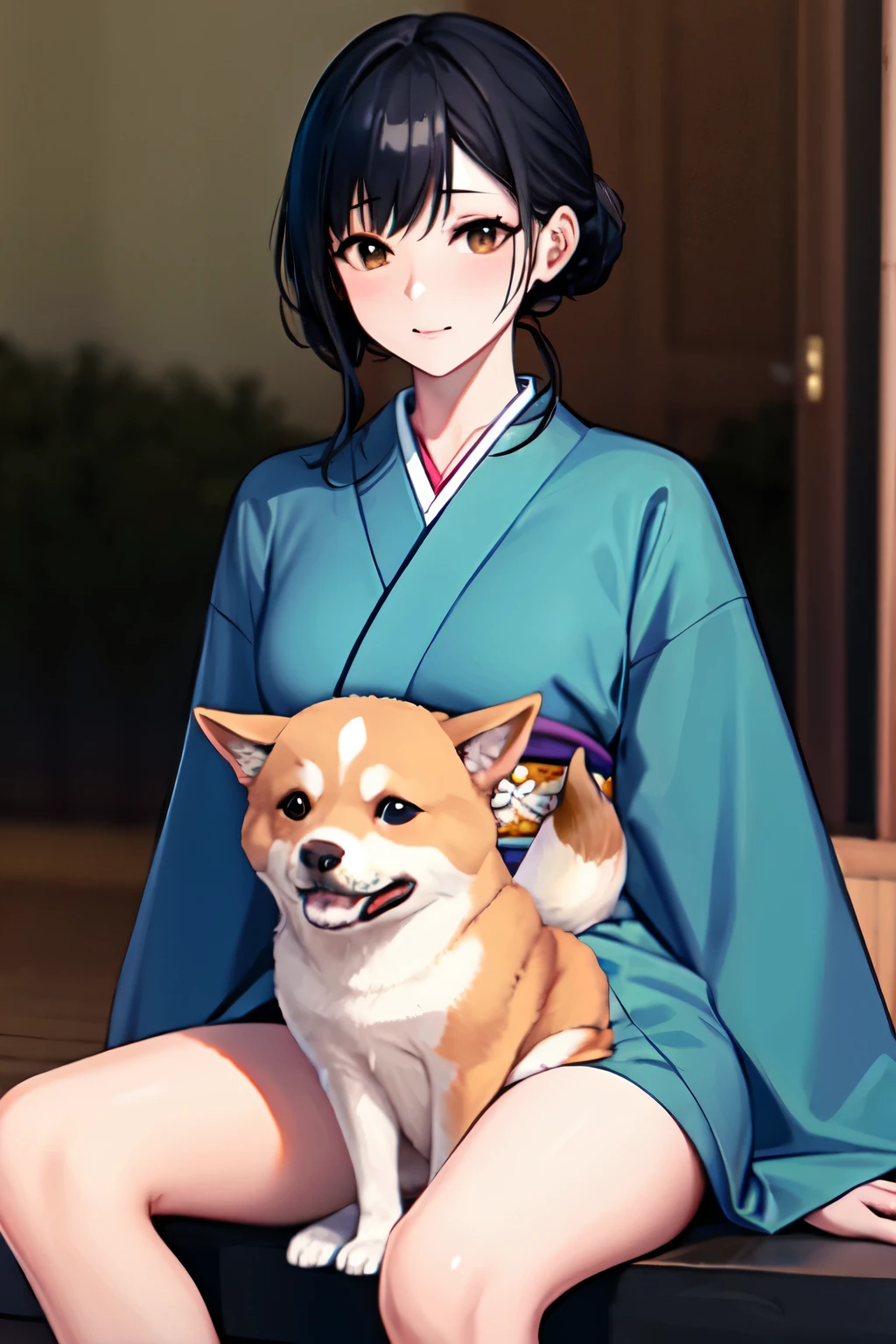Sitting kimono Mameshiba Shiba Inu background is blue and green mottled