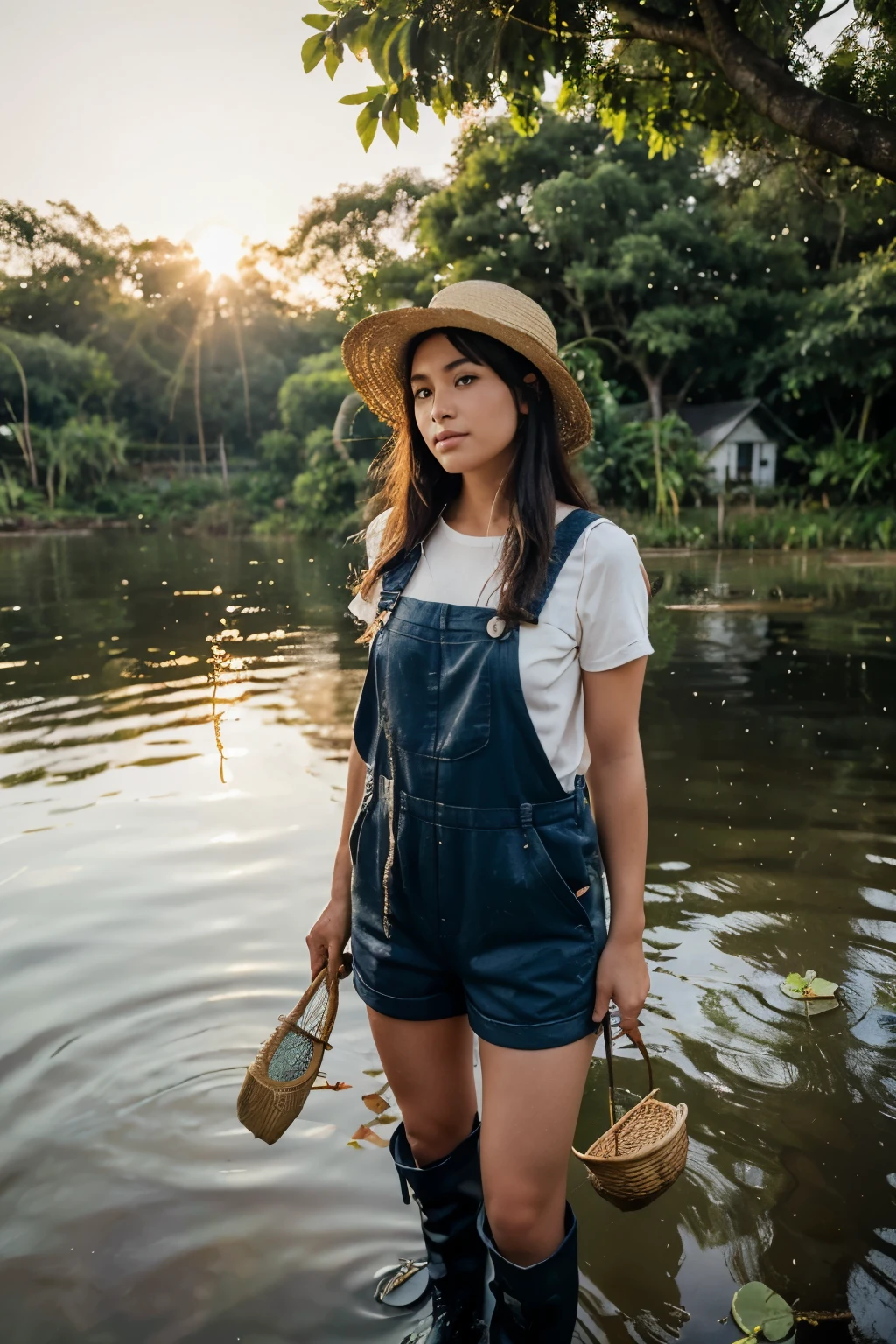 girl wearing dungaree wellington boots and straw hat fishing in the lake with a fishing rod, detailed face, photo portrait, a bucket filled with fish next to her, victorian house in the backdrop, morning time, the sun rising, betel nut trees, and lotuses blooming in the lake.