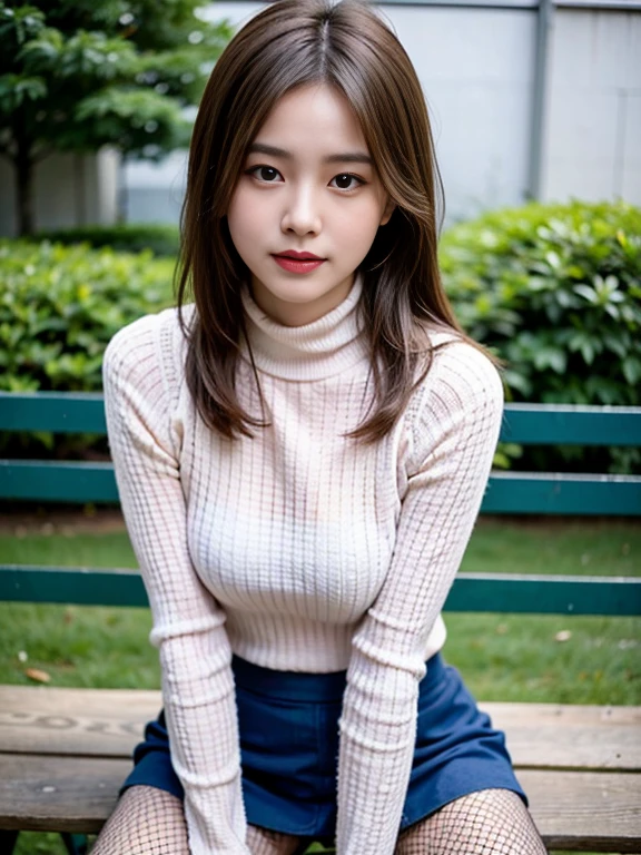 high resolution、8K、High Resolution、Japanese、Beauty、Advantages of LoRA、20 year old student、Baby Face、Shooting in the open air、There are people around、Everything except the subject is pixelated、The subject is of clear quality、Large Breasts、Breast augmentation、The nipple area rises、Big eyes、Double、Droopy eyes、Copy the famous Einstein photo、Keep your face forward and look up、Staring upwards with just your eyes、Sweat、Blonde hair tips、Golden Hair、Smooth Hair、Beautiful white skin、Transparent white skin、Slim figure、Hairstyle: Ponytail、Wear a thin white knit dress、Thin clothing that shows your body lines、Wear a knitted turtleneck dress、Wearing shorts、Squat、Spread your legs、Photographed from the front、（Wear long, loose white socks）、Wearing white, saggy knee-high socks、Wear plain white sneakers、