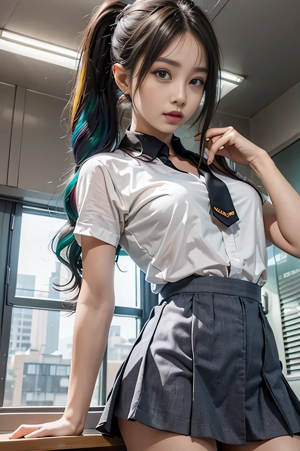 Photorealistic, High resolution, Soft light,1womanl, Solo, hips up high, (Detailed face),The tattoo, Jewelry, Current School Classrooms，On the podium，Wear a uniform、（Black flared skirt），Bigchest，low chest, Long hair、((poneyTail))、((up skirt)）、（(mix４)）、((appearance々color panty abe々Colored hair)）