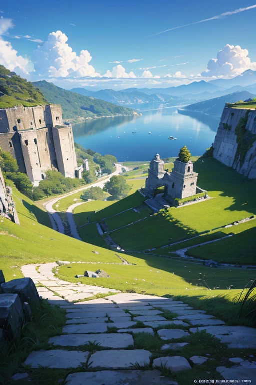 "(best quality,4k,8k,highres,masterpiece:1.2),ultra-detailed,(realistic,photorealistic,photo-realistic:1.37),anime,beautiful scenic backgrounds,movie illustrations,beautifully animated scenes,anime-style characters on a stone pathway,group of people standing on a stone pathway in an anime scene,vibrant colors,exquisite character design,serene atmosphere,anime movie stills,official anime screenshots,ruins in the background,peaceful and picturesque anime scenery,post-apocalyptic anime landscape,Black Clover screenshot,still frame from an anime movie"