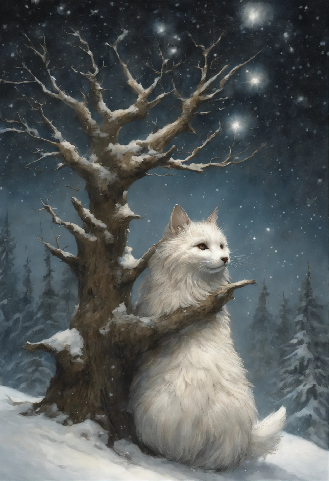 真实感, dark fantasy style, John Tolkien style, Small painting by Jean-Baptiste Monge,  huge fluffy spruce in fluffy snow, there are many colorful butterflies around the tree, a starry sky, The stars are shining, Snow is falling, Jean-Baptiste Monge, anthropomorphic --ar 2:3 --testp -optimistic;