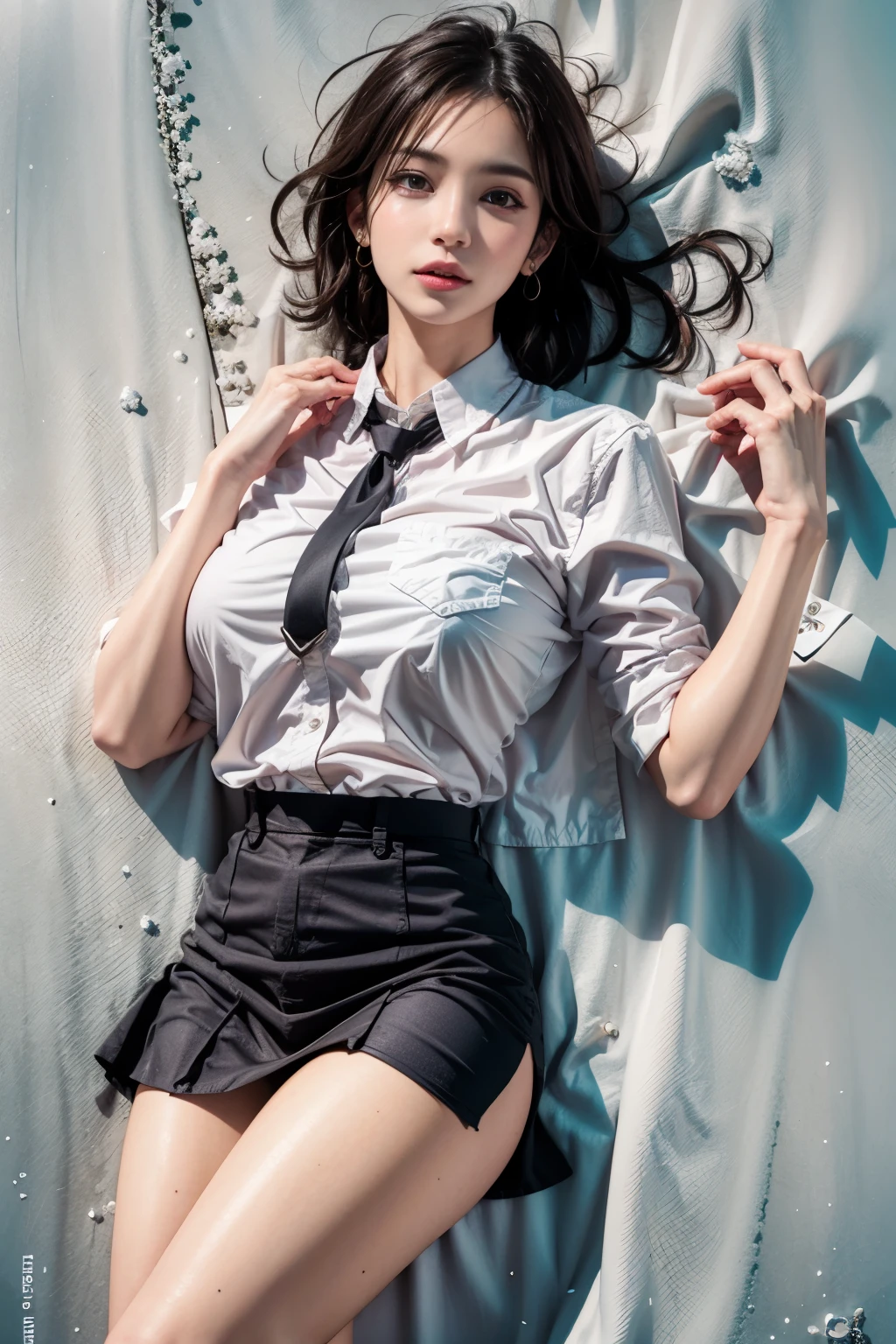 Photorealistic, High resolution, Soft light,1womanl, Solo, hips up high, (Detailed face),The tattoo, Jewelry, Current School Classrooms，On the podium，Wear a uniform、（Black flared skirt），Bigchest，low chest, Long hair、((poneyTail))、((up skirt)）、（(mix４)）、((appearance々color panty abe々Colored hair)）