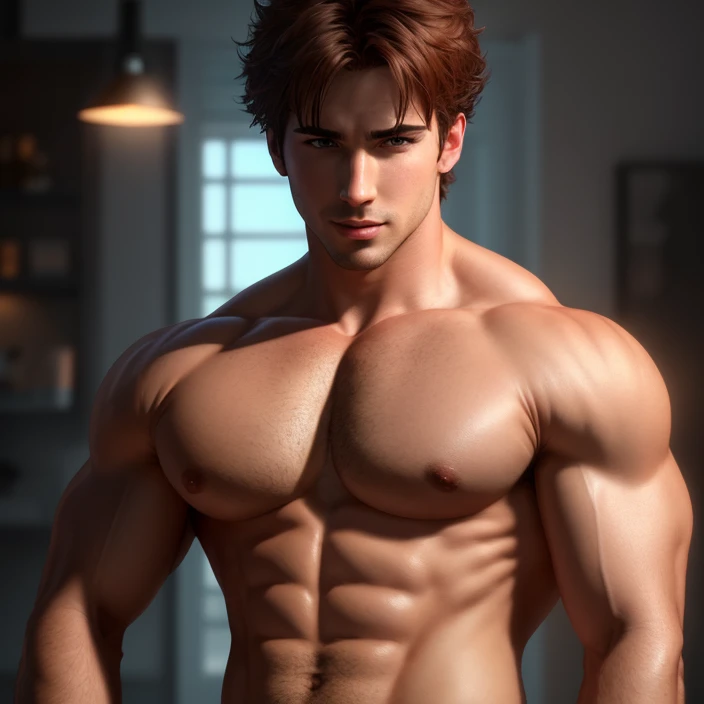 (best quality,highres,ultra-detailed),male character,shocked expression,attractive man with feminine chest and muscle,transforming body,growing breasts,magical growth,masculine face,masculine body,illustration,realistic style,vibrant colors,warm lighting