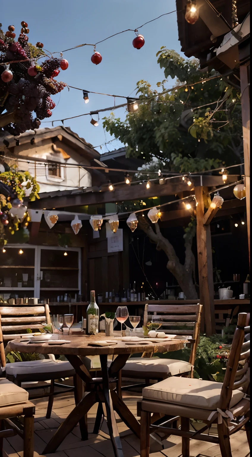 Open-air restaurant, Photography concept for black table, streamers, Old logs, Several bunches of grapes, Grape leaves, A branch of red plum blossom, centered around a glass of wine, There were a few bottles of wine next to it, Light comes in from the left, Bright surroundings, New Year atmosphere, White balloons, Blue balloon, Red balloons