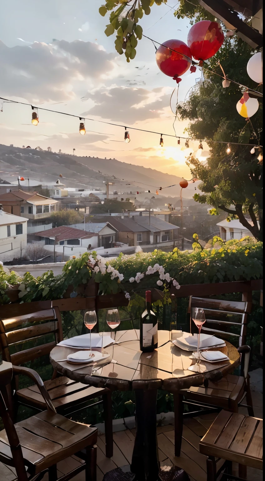 Open-air restaurant, Photography concept for black table, streamers, Old logs, Several bunches of grapes, Grape leaves, A branch of red plum blossom, centered around a glass of wine, There were a few bottles of wine next to it, Light comes in from the left, Bright surroundings, New Year atmosphere, White balloons, Blue balloon, Red balloons