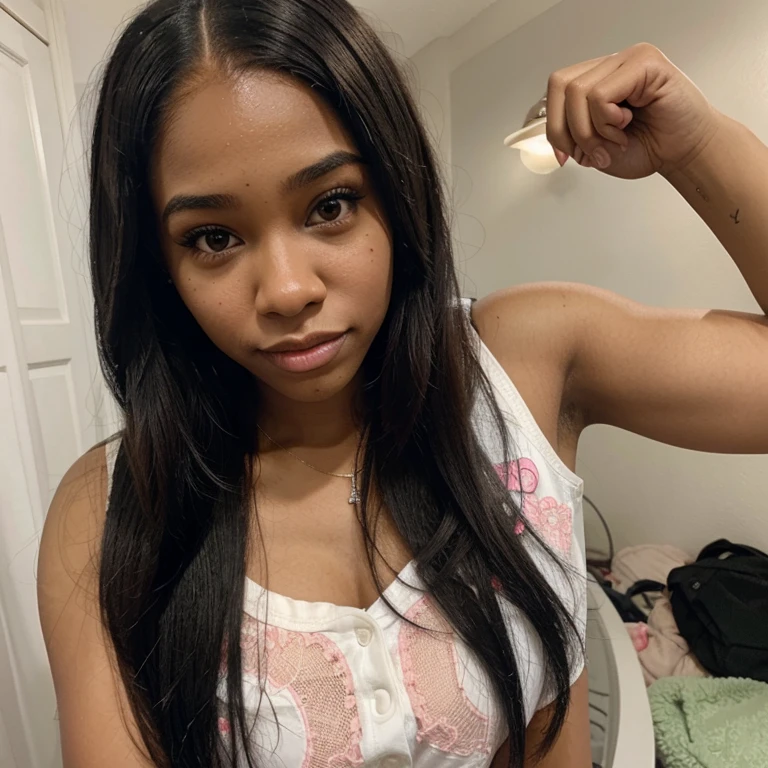 chubby Woman who looks like zendaya. Dark skin, muscular. White milk in her face. Selfie