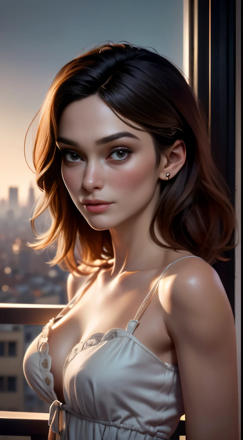 photo of Keira Knightley, RAW, beautiful woman, ((portrait)), ((detailed face:1.2)), ((detailed facial feature, detailed skin, clear skin), (perfect proportioned body, medium breasts), (wearing a vintage dress) (high detailed city environment, apartment balcony), (realistic photo, best quality, detailed), (8k wallpaper), (cinematic lighting, dramatic lighting) (sharp focus, intricate)