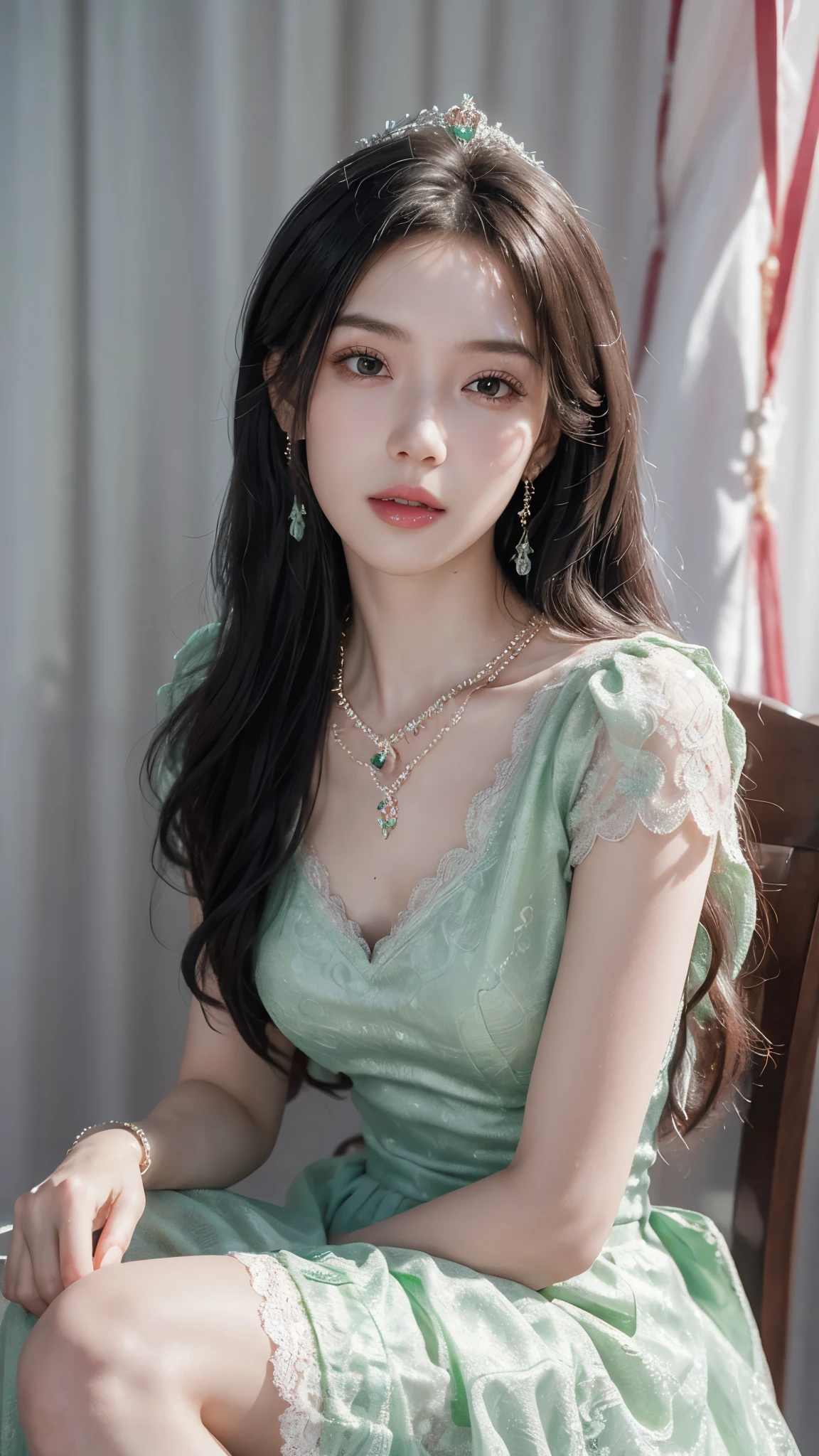 8k, masterpiece, 1 girl, beautiful face, white skin, very long hair, light makeup, detailed eyes, detailed lips, small breasts tight, realistic detailed, very detailed dress, princess dress, green dress, (wearing jewellery:1.5), pink lace:1.4, stage background, sitting,