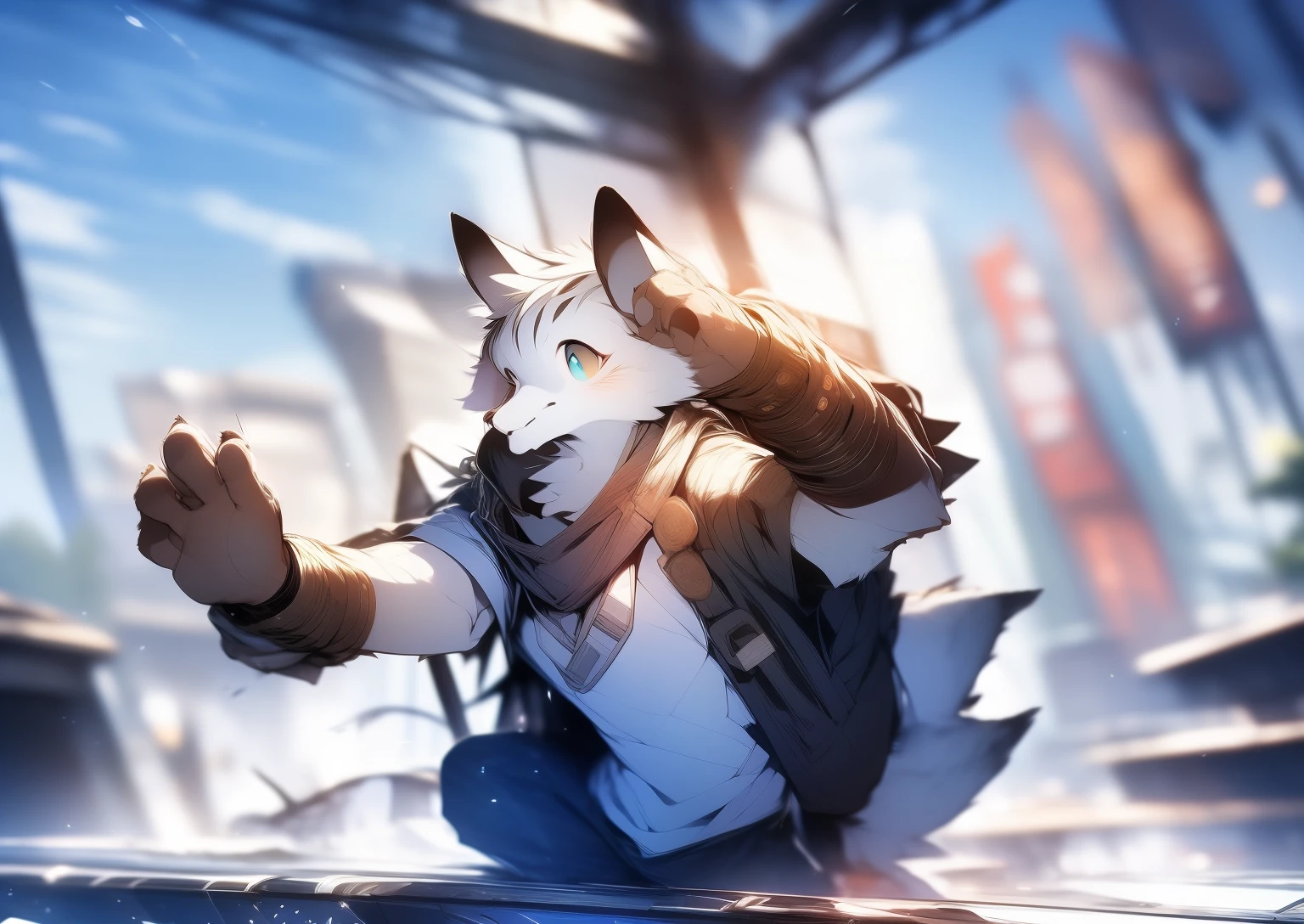Libido boy，furry wolf，((shota)), black and blue hair,  Handsome，cute big breasts, optic：极致的optic与影, 反optic皮肤,Redness of the skin，((Chinese armor，With a spear)) ，((at the battlefield，the only person))，Outdoor sunset，((the detail))，The stands up