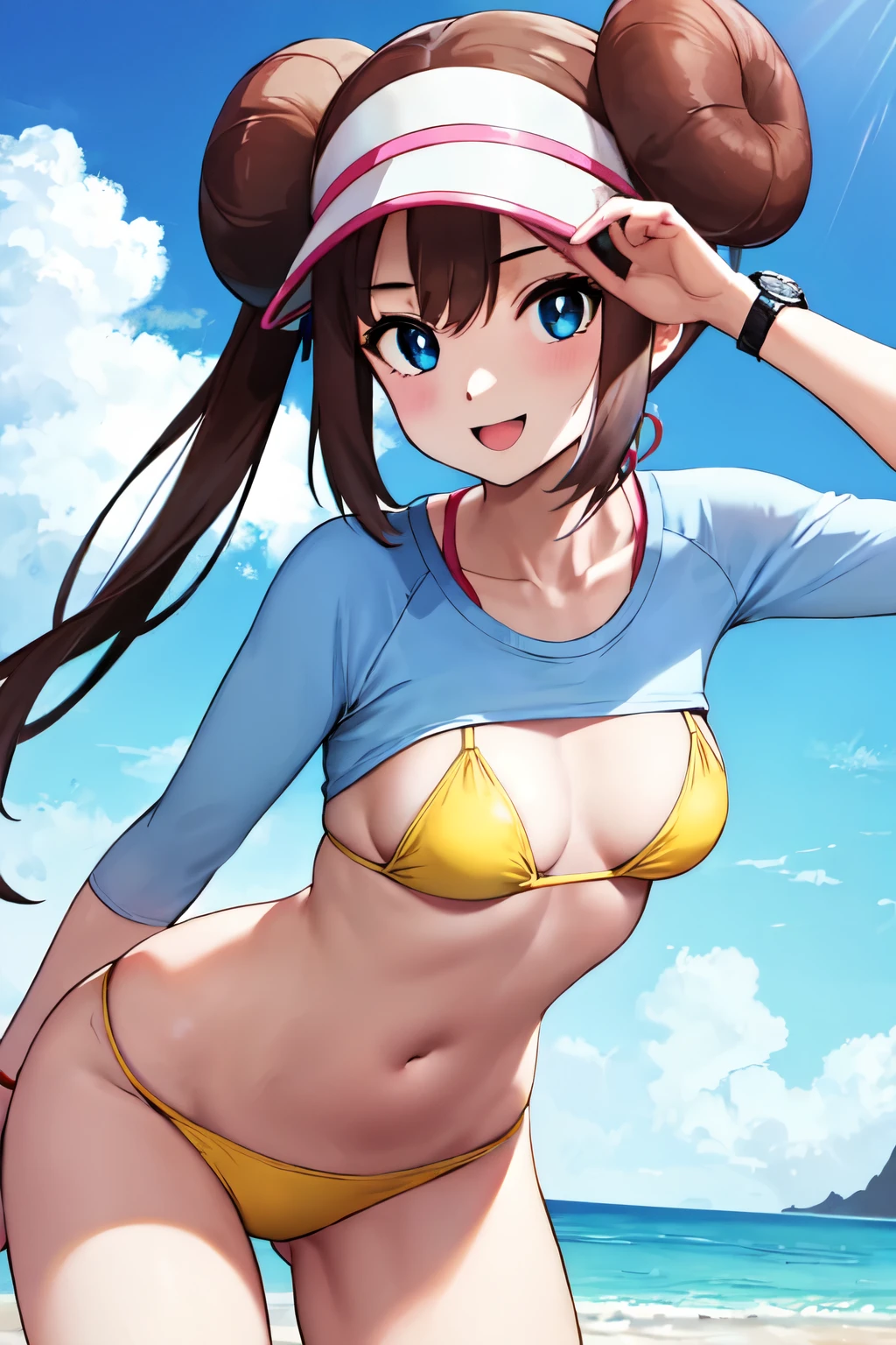 masuter piece, Best Quality, 超A high resolution, top-quality, Anime style, The best lighting, Beautiful face, ​masterpiece, Hi-Res, RO1, Hair buns, blue eyess, Twin-tailed, Visor Cap, panthyhose, raglan sleeves, Yellow bikini swimsuit, The shirt, Pink ribbon, wrist watch,  Standing, pokeball \(basic\), A smile,  pleasant sunny sky, 1girll