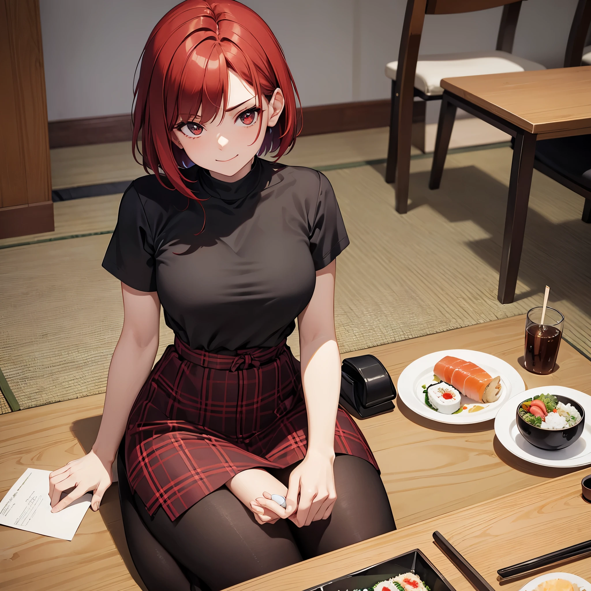 1woman, perfect anatomy, symmetrical face, smirk, (perfect face) , short red hair, rendered eyes, detailed eyes, large red eyes, wearing black off shouder top, plaid skirt, sitting down, sitting on mat, eating sushi, chopstick in hand, plates on ground simple pose, at japanese cafe, simple background, 8K, perferct quality ,masterpiece, high quality, very high resolution,