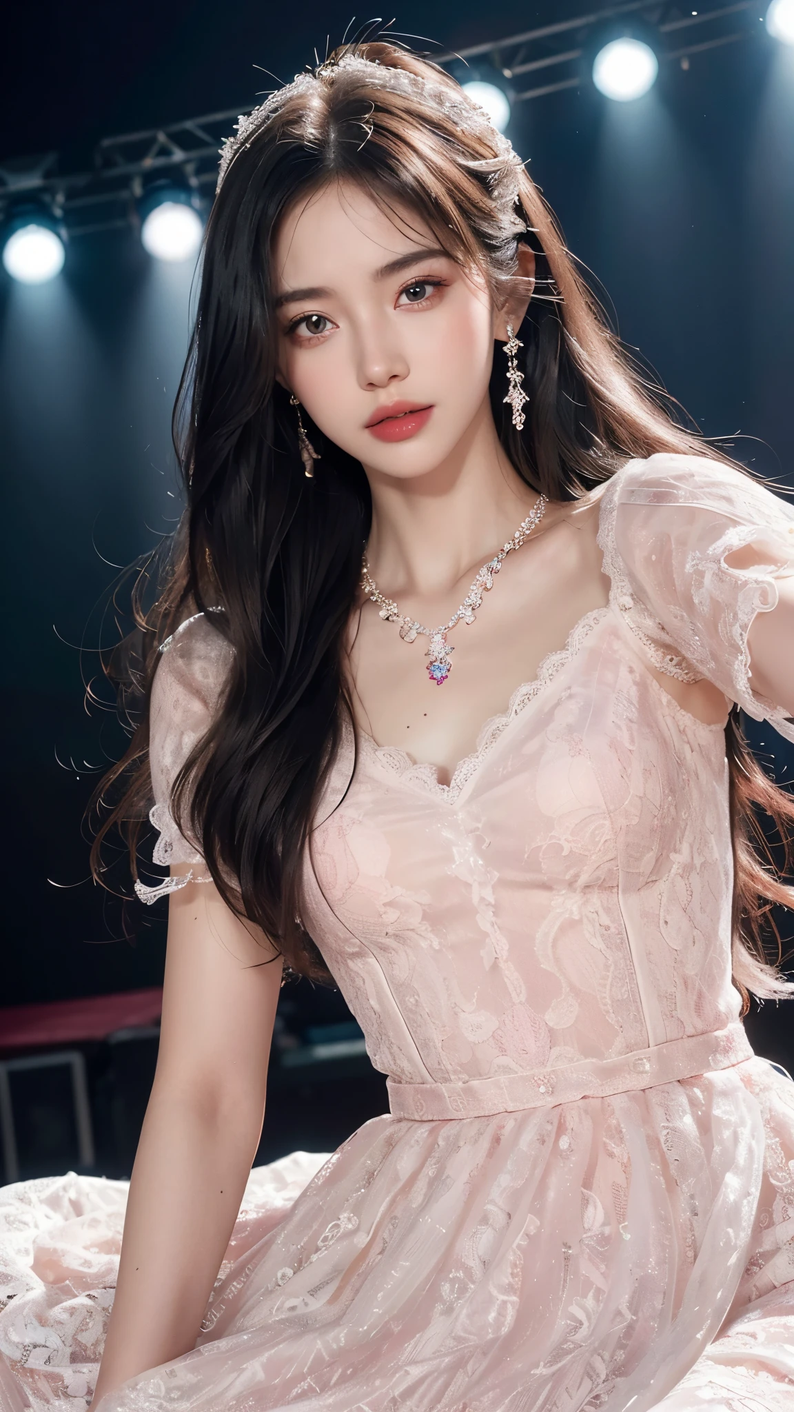 8k, masterpiece, 1 girl, beautiful face, white skin, very long hair, light makeup, detailed eyes, detailed lips, small breasts tight, realistic detailed, very detailed dress, princess dress, pink dress, (wearing jewellery:1.5), (lace:1.4), ((stage background)), attractive poses,