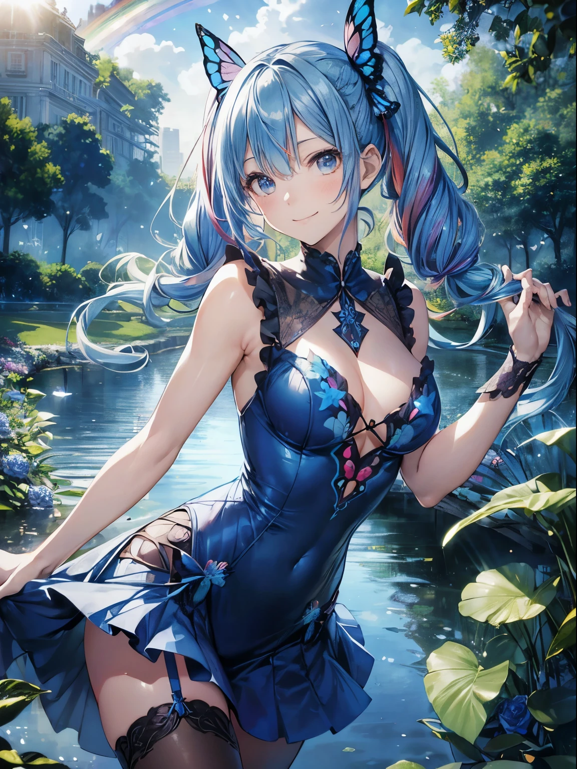 Blue Rose、Rose garden、adventure、(masutepiece:1.3), (8K, Photorealistic, Raw photo, Best Quality: 1.4), Beautiful face, (Realistic face), Beautiful detailed eyes, (Realistic skin), Attractive, Intricate details,Golden ratio, 1 girl,Naughty smile, (rainbow hair:1.4),((Long twintails,Ribbon 1.4)),Blue Dressleu Butterfly Hair Ornament 1.3),Dynamic Pose,Dynamic Angle,Intricate details, Hyper realistic、A smile、Smiling、Face enhancement、Lake in the morning、The tree、the morning sun、Deitiesの光、Deities、Heaven、rainbows