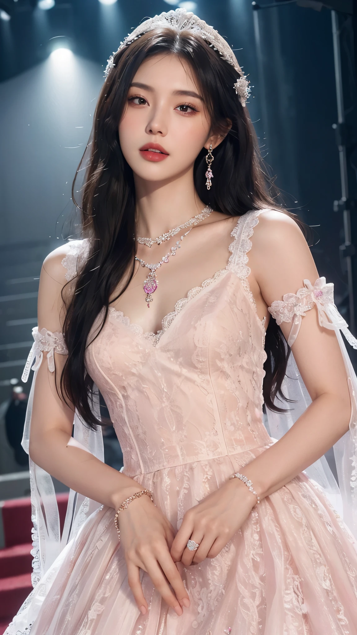 8k, masterpiece, 1 girl, beautiful face, white skin, very long hair, light makeup, detailed eyes, detailed lips, small breasts tight, realistic detailed, very detailed dress, princess dress, pink dress, (wearing jewellery:1.5), (lace:1.4), ((stage background)), attractive poses,