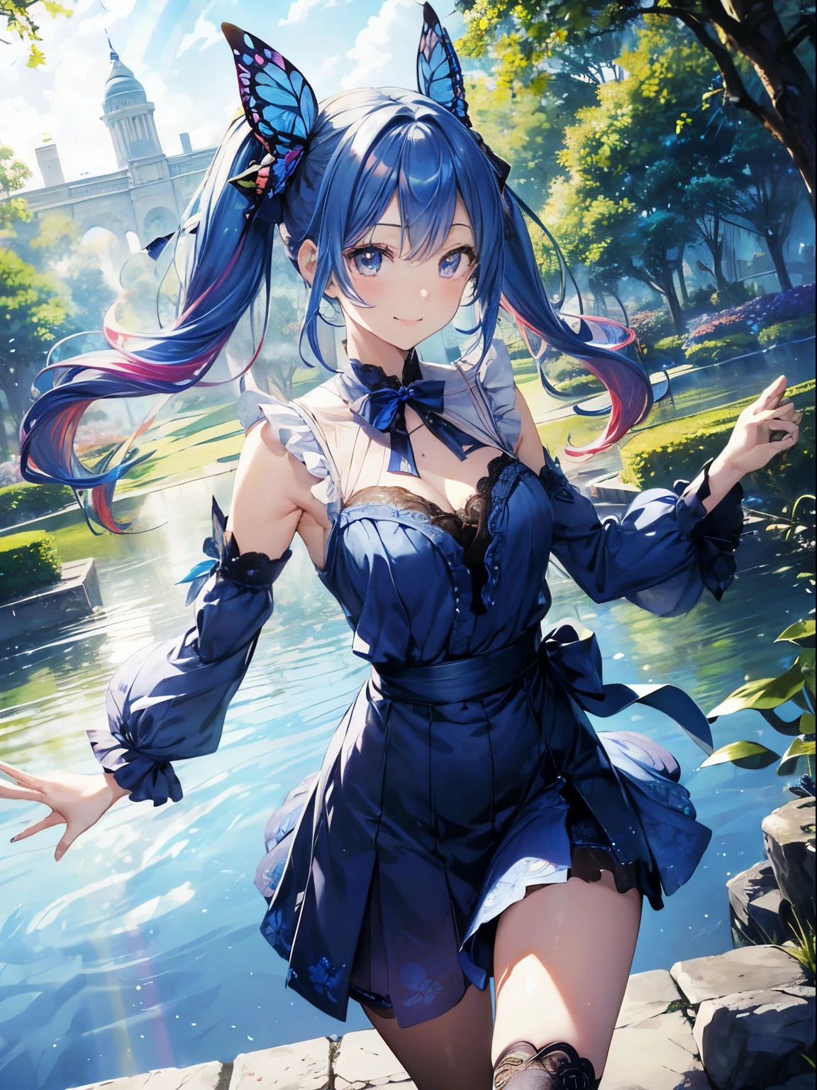 Blue Rose、Rose garden、adventure、(masutepiece:1.3), (8K, Photorealistic, Raw photo, Best Quality: 1.4), Beautiful face, (Realistic face), Beautiful detailed eyes, (Realistic skin), Attractive, Intricate details,Golden ratio, 1 girl,Naughty smile, (rainbow hair:1.4),((Long twintails,Ribbon 1.4)),Blue Dressleu Butterfly Hair Ornament 1.3),Dynamic Pose,Dynamic Angle,Intricate details, Hyper realistic、A smile、Smiling、Face enhancement、Lake in the morning、The tree、the morning sun、Deitiesの光、Deities、Heaven、rainbows