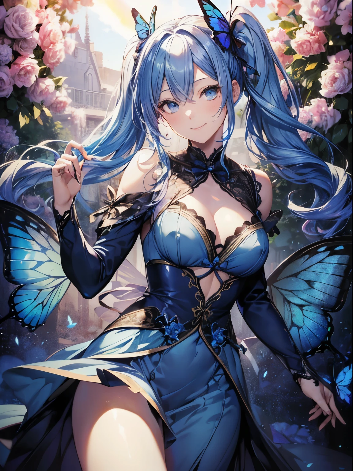 Blue Rose、Garden of Roses、(masutepiece:1.3), (8K, Photorealistic, Raw photo, Best Quality: 1.4), Beautiful face, (Realistic face), Beautiful detailed eyes, (Realistic skin), Attractive, Intricate details,Golden ratio, 1 girl,Naughty smile, (rainbow hair:1.4),((Long twintails,Ribbon 1.4)),Blue dress-through butterfly hair ornament 1.3),Dynamic Pose,Dynamic Angle,Intricate details, Hyper realistic、A smile、Smiling、Face enhancement、Deitiesの光、Deities、Heaven、rainbows
