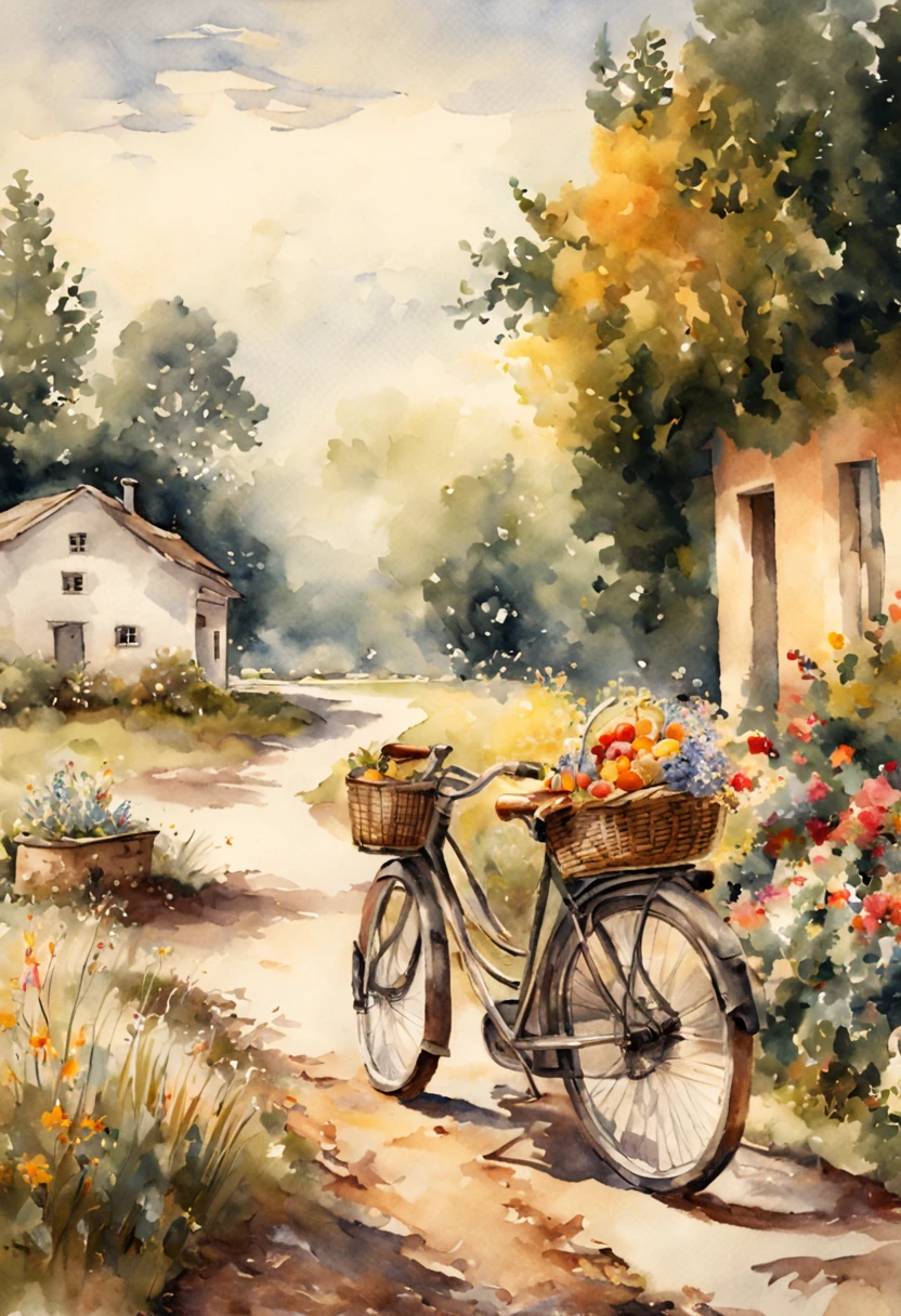 at summer afternoon, There are bicycles outside the farmhouse(Describe the bike in detail.closeup cleavage .focal point)Carrying a picnic basket on the back.There are wild flowers in the basket.country style setting, ..watercolor paiting、There is a wooden chair,There is a plate of fruits and vegetables on it,There is a kitten sleeping on the ground. still-life, pix, of a real, Midsummer style, straw hat.Basket, Stylized rural outdoor scene,watercolor paiting、Splash technology recreates the mud atmosphere in wet environments、unique ingredients、Abstract representation、Contains surreal elements、light toned.Light gold color scheme、high-resolution details、Ink splash effect.