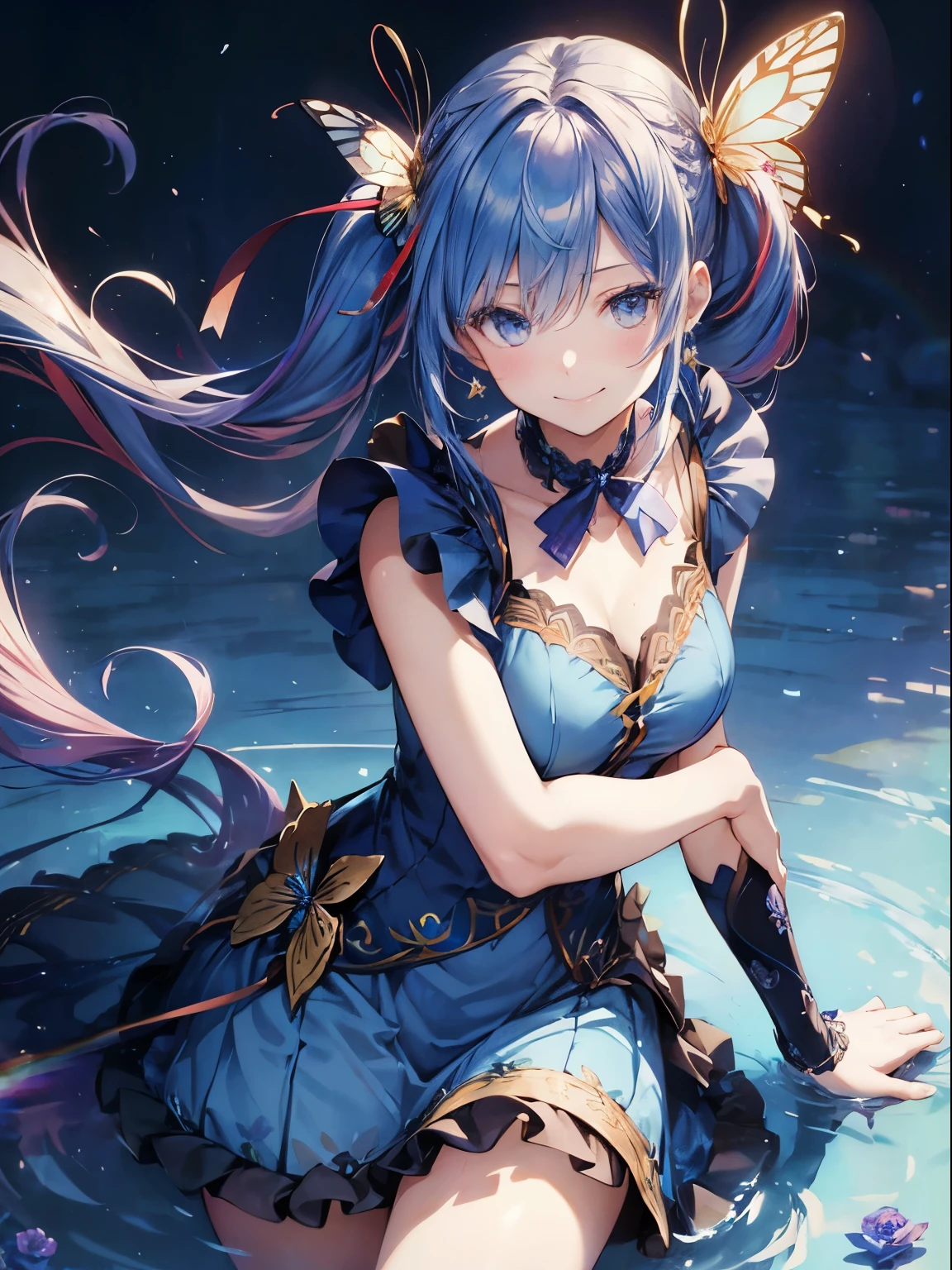 Blue Rose、Garden of Roses、(masutepiece:1.3), (8K, Photorealistic, Raw photo, Best Quality: 1.4), Beautiful face, (Realistic face), Beautiful detailed eyes, (Realistic skin), Attractive, Intricate details,Golden ratio,  1 girl,Naughty smile, (rainbow hair:1.4),((Long twintails,Ribbon 1.4)),Blue dress-through butterfly hair ornament 1.3),Dynamic Pose,Dynamic Angle,Intricate details, Hyper realistic、A smile、Smiling、Face enhancement、Deitiesの光、Deities、Heaven、rainbows