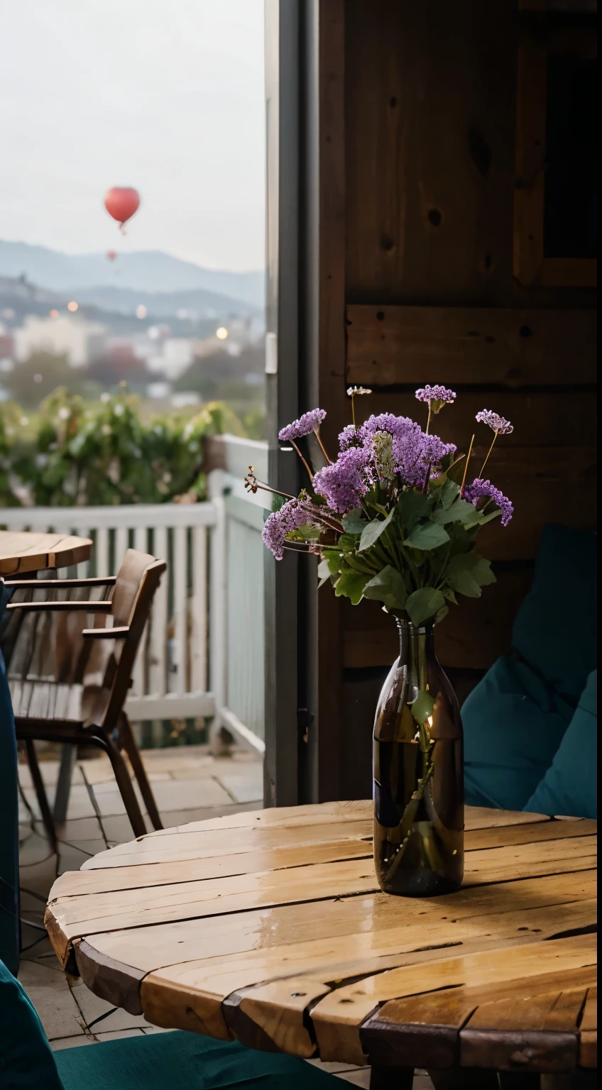 closeup cleavage, Open-air restaurant, Photography concept for black table, Streamers, Old logs, bunches of green grapes, Grape leaves, a bouquet of plum blossoms, centered around a glass of wine, There were a few bottles of wine next to it, Light comes in from the left, Bright environment, Winters, New Year atmosphere, White balloons, Blue balloon, Red balloons