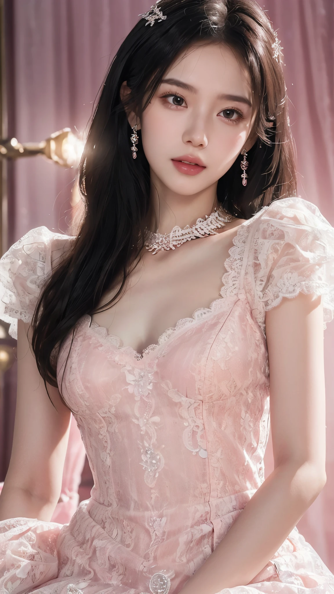 8k, masterpiece, 1 girl, beautiful face, white skin, very long hair, light makeup, detailed eyes, detailed lips, small breasts tight, realistic detailed, very detailed dress, princess dress, (pink dress), (wearing jewellery:1.5), (lace:1.4), ((stage background)), attractive poses,