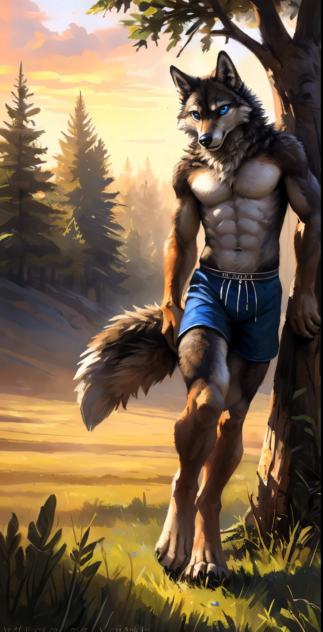 ((Solo)), male people, anthro wolf, (Multi-colored fur, White-brown:1.3，White tail pointed), (Height 2.1m,Tail length 1.2m), ((Wolf face, Big eyes, White eyelids, Blue pupil, Slim:1.2) (Tough, Calm expression:1.2)), Abs, Slim, pinging)), (Correct anatomy), (Work shorts:1.1), The upper body  naked, (detailed outfits),A long big tail，Feet，(Realistic fur, Detailed fur texture, labeled:1.3)), (Natural lighting), Photorealistic, Hyperrealistic, ultradetailed, by Kenket，Endless grasslands，There are no trees，There are no big stones，No artificiality，erect through，Running on