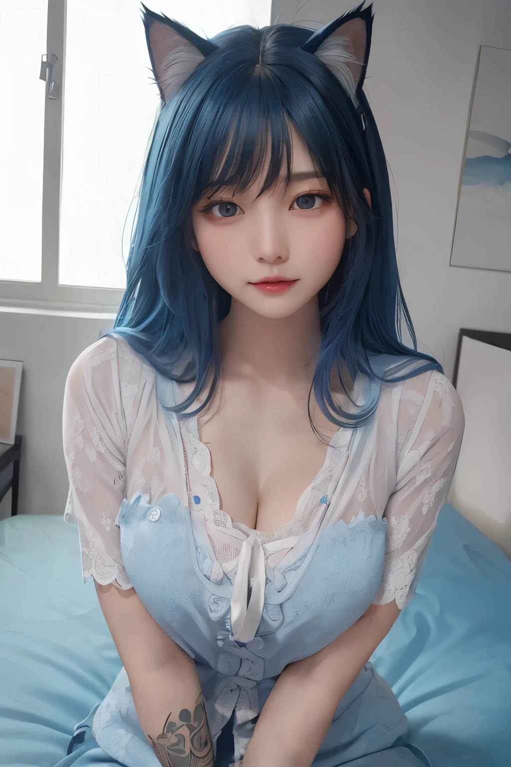 (tmasterpiece, The best_quality, ultra - detailed, 8K, hyper HD, flawless perfection:1.latin blue hair, blue hairs，cat woman,, Cat ears,  glowing pink eyes, the shy, Compliant, face flushed, Wet oily skin, on top of bed, The large胸老婆,  heart tattoo above, , The large腿粗, Beautiful hip curve, 巨The large, thicc, skin tight, scantily clad, Lace, collars, face to the viewer,  window, Bedrooms, midynight, sexy for,,Japan goddess, Cardigan shirt, Korean girls, 美丽的asiagirl, V-shaped bust clothes, low chest，巨The large，Expose the upper half of the chest，not compact，下垂的The large胸，gorgeous chinese models, gorgeous young korean woman, model in Japan, Thick lips，duck mouth，asiagirl, beautiful young korean woman, in blouse wearing, beautiful Korean women, 坐on top of bed, watching the future,巨The large，The large，Upp,frontal photos，super closeup,facing at the camera，Take photos carefully