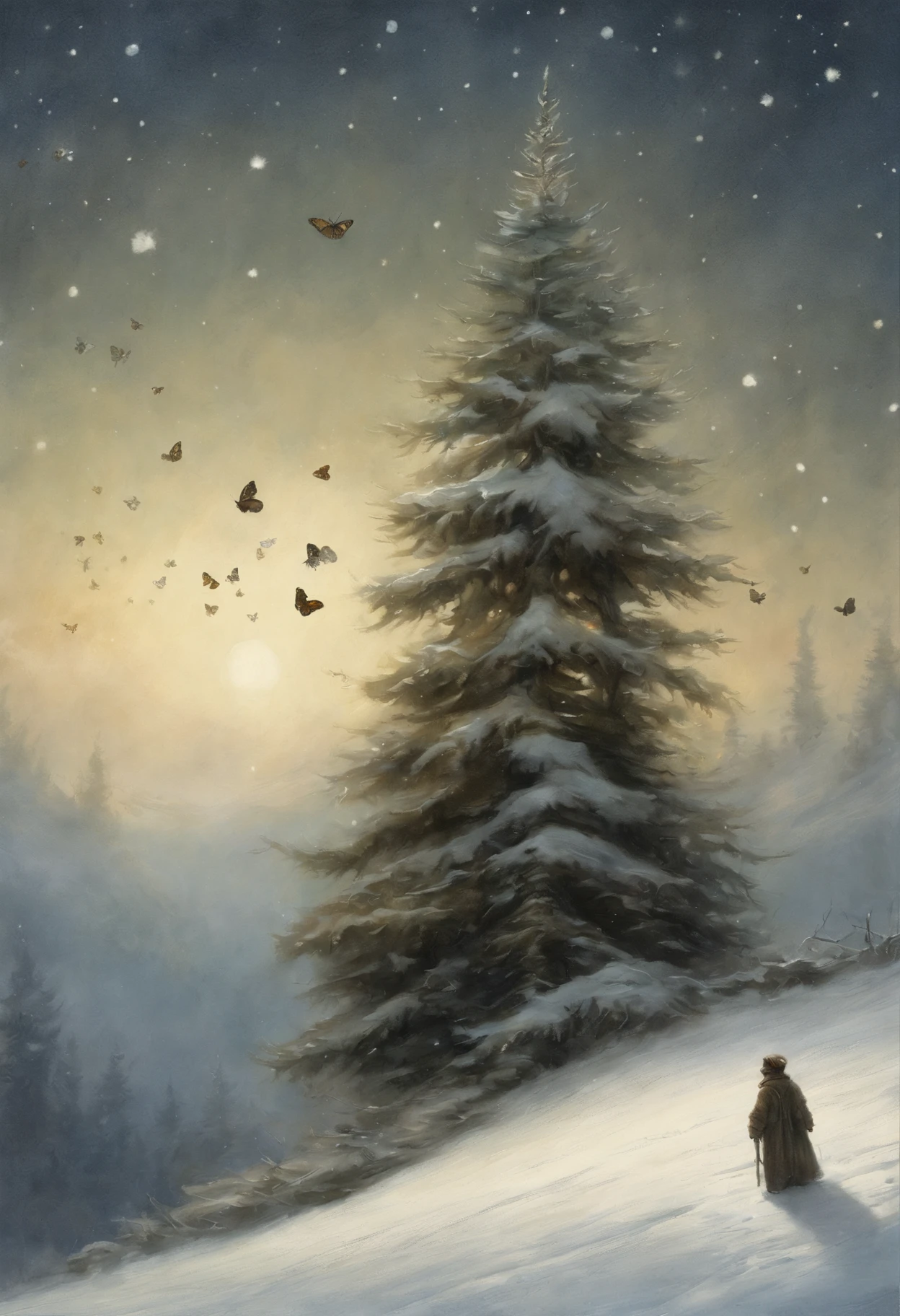 真实感, dark fantasy style, John Tolkien style, Small painting by Jean-Baptiste Monge,  a lonely huge fluffy spruce in the fluffy snow, butterflies fly up, there are many colorful butterflies around the tree, a starry sky, The stars are shining, Snow is falling, Jean-Baptiste Monge, anthropomorphic --ar 2:3 --testp -optimistic;