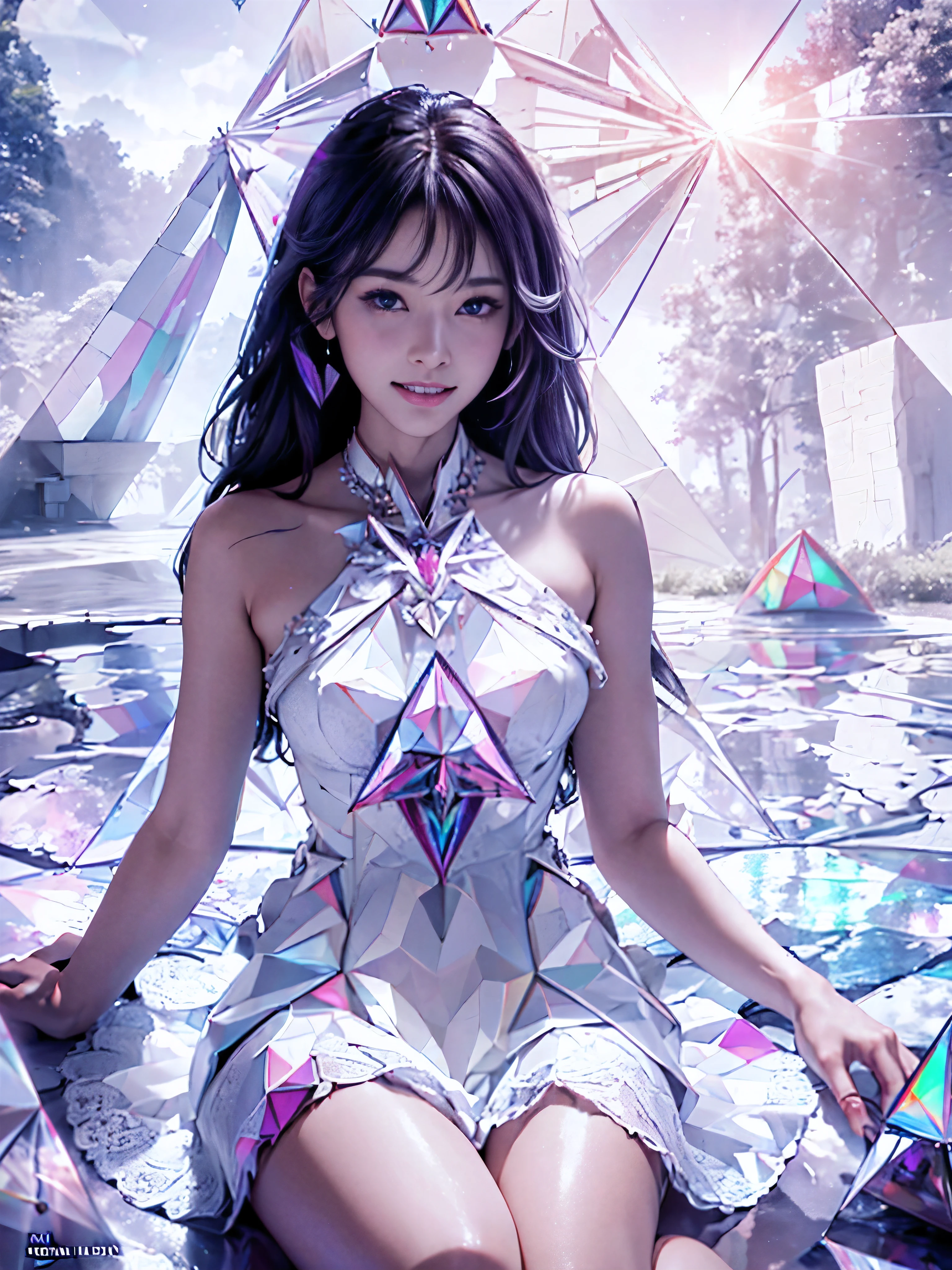 (Digital Art, Fractal Art, Official art, Beautiful and aesthetic, ultra-detailliert, Beautiful, masutepiece, Best Quality:1.8), (1girl in:1.2), Face, Detailed Face, Detailed eyes, detailed hairs, Detailed fingers, Five Fingers,
_ BREAK (Kaleidoscope:1.6),
(angled Kaleidoscope patterns White dress:1.6),
(inside white Kaleidoscope:1.6),
(strong prism light reflected on Kaleidoscope:2.0), (angled,prisma:2.0),
BREAK cute ig model, Cute models in Japan, 22 years old, medium large breasts, Slender waist, toned arms, toned thighs, medium buttocks, small head, small Face, small mouth, ダイヤモンドFace, small nose, シャープなFaceライン, Smile,牙, (drooing eyes, 二重まぶた, bright color eyes, Moist eyes, shiny eyes:1.2), Shiny hair, Shiny skin,
_
(Smile, 牙:1.3),(Sitting:1.2), from the front side, lock viewer,
_
