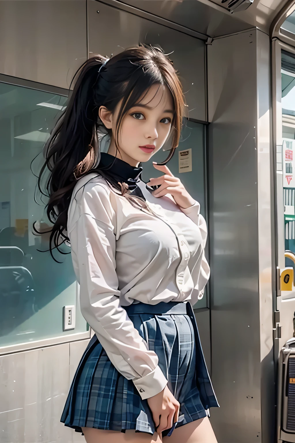 Photorealistic, High resolution, Soft light,1womanl, Solo, hips up high, (Detailed face),The tattoo, Jewelry, Current School Classrooms,On the podium,Wear a uniform、(Black flared skirt),Bigchest,low chest, Long hair、((poneyTail))、((up skirt))、((mix4))、((appearance々color panty abe々Colored hair))