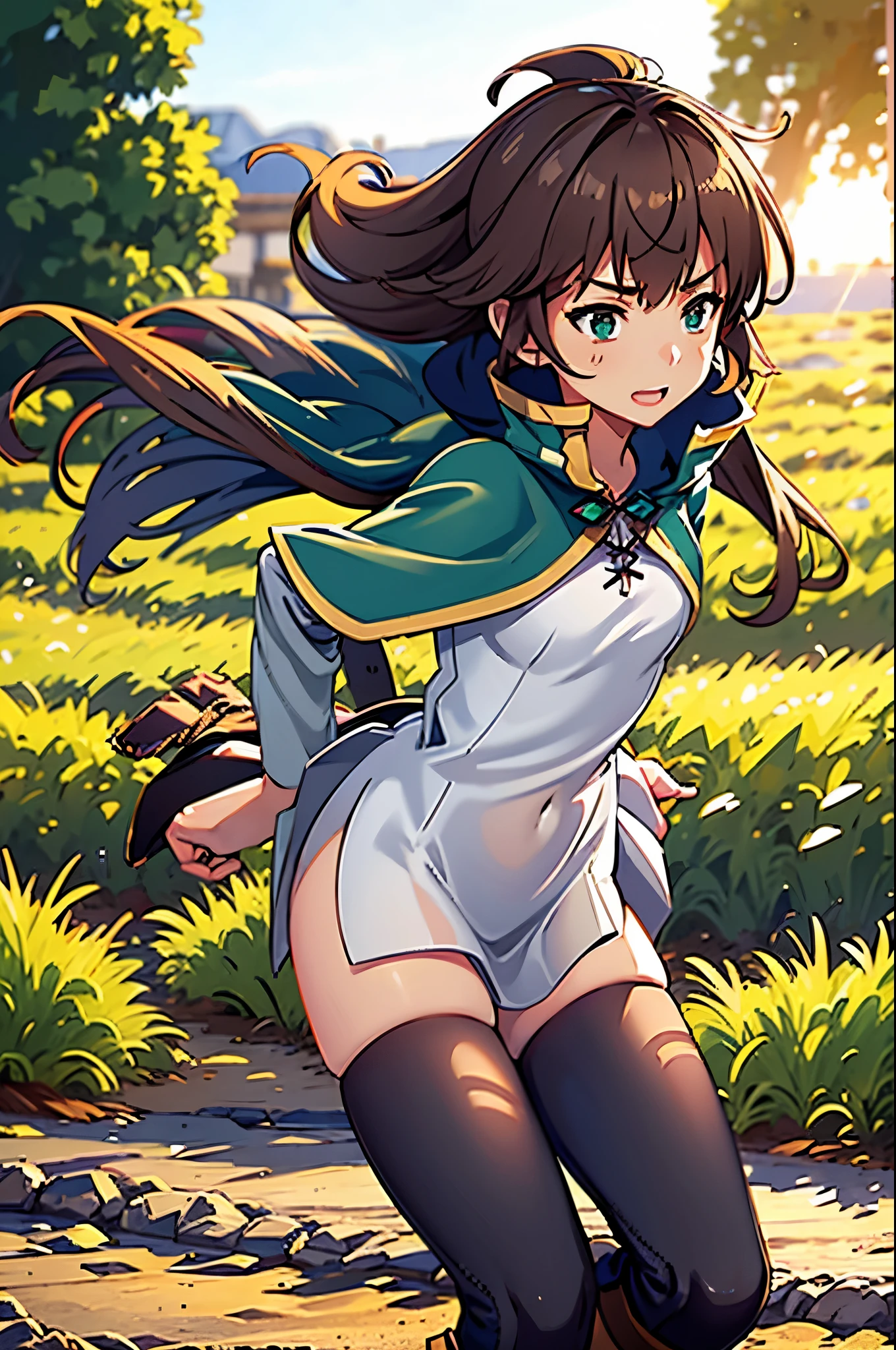 masterpiece, best quality, 1girl, kazuma girl, cowboy shot, (female body:1.3), long hair, brown hair, green eyes, green cape, capelet, boots, black pant, field, landscape, standing,finely detailed eyes and detailed face, extremely detailed CG unity 8k wallpaper, intricate details,depth of field, black pant, looking at viewer,