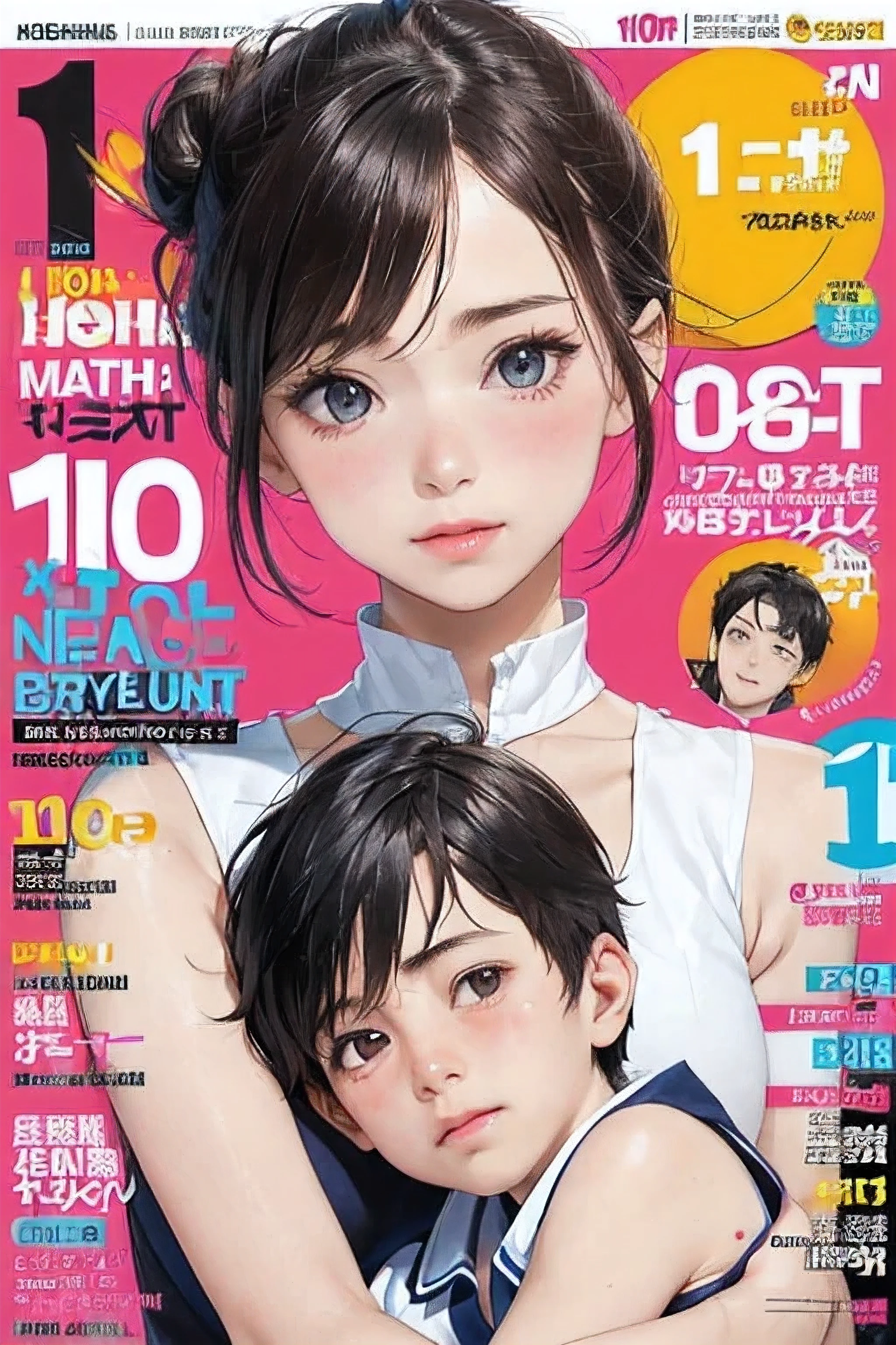 (colorful  Magazine cover with lots of text)，(close-up:1.2)，pajamas， 1girl，Grasp by hand，(mother and son:1.5)，(kiss:1.2)，(A ten-year-old boy:1.4)，(hug)，(1boys:1.6)，{26-year-old lactating woman},drunken eyes,Side Chest,open at the chest,disproportionate breasts, Nipples standing up,sweat,((Sleeveless, low-necked , open neckline:1.3)),{hairbuns，Women's hairstyle}, (areola:1.4)，Ultra-fine face, detailed eye, Double-fold eyelids，ssmile，pervert, big breat, sexy women